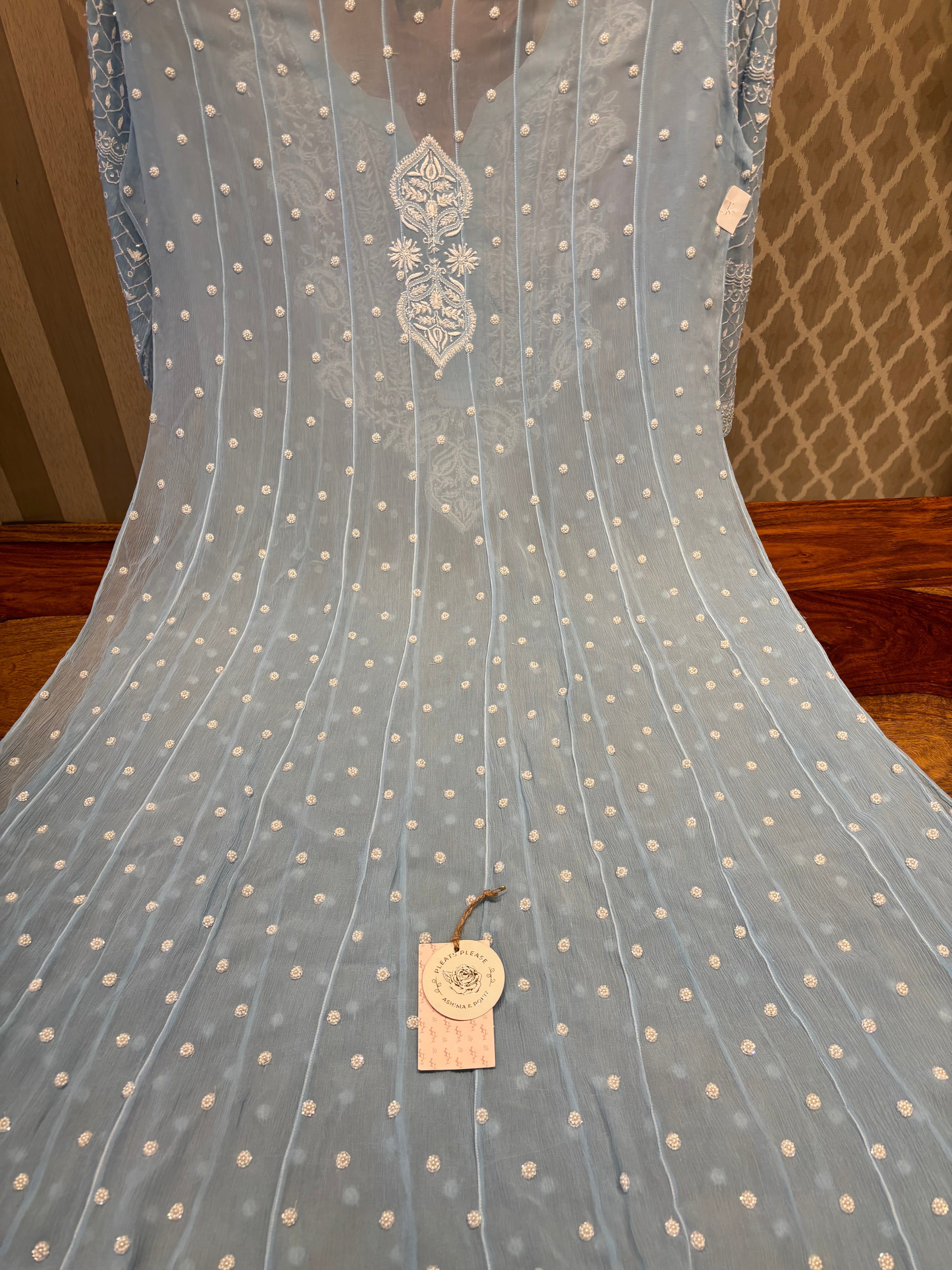 Powder Blue Chiffon Chikankari Anarkali & Dupatta