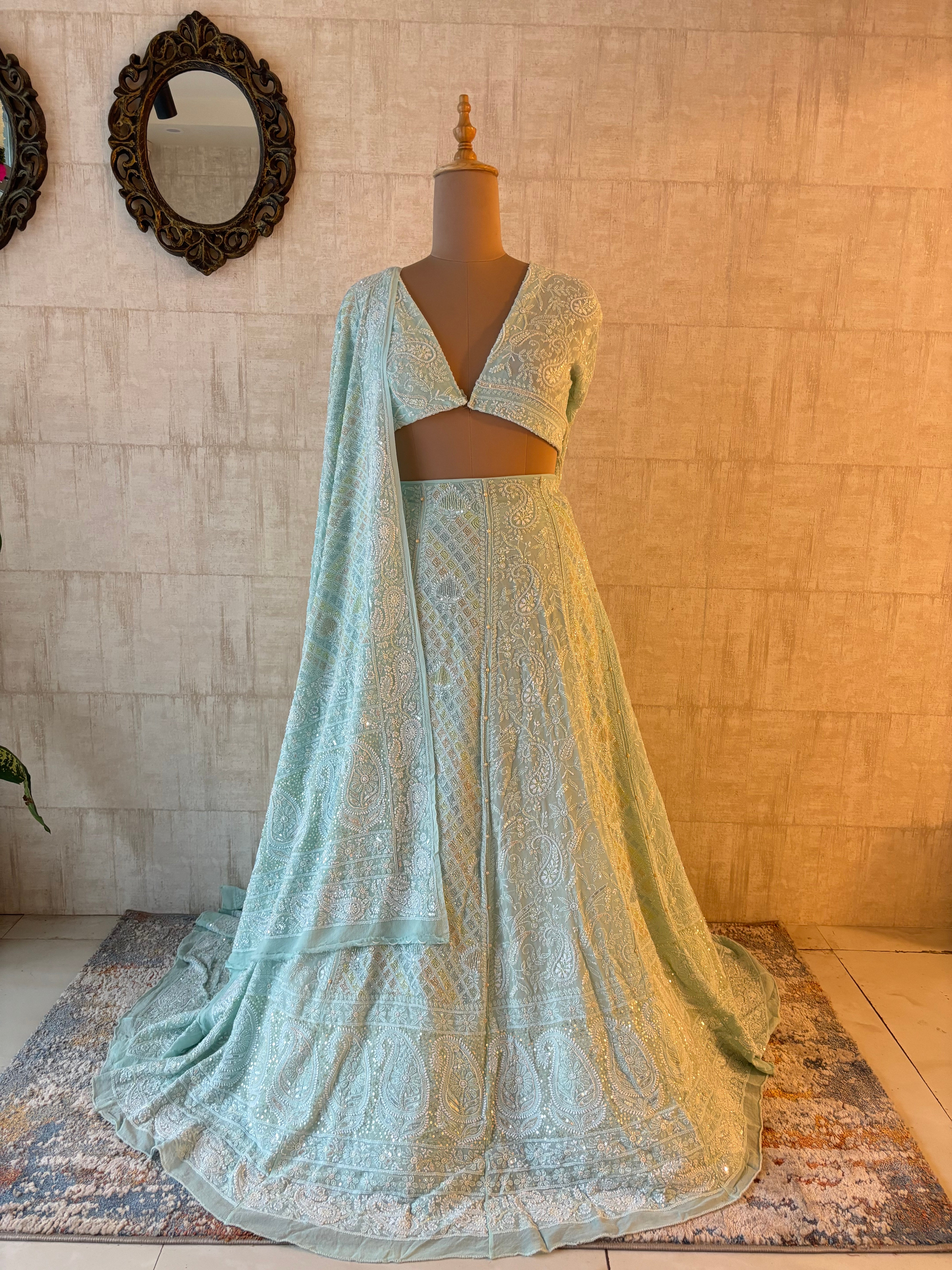 Sea Foam Pure & Premium Georgette Chikankari Lehenga & Dupatta Set