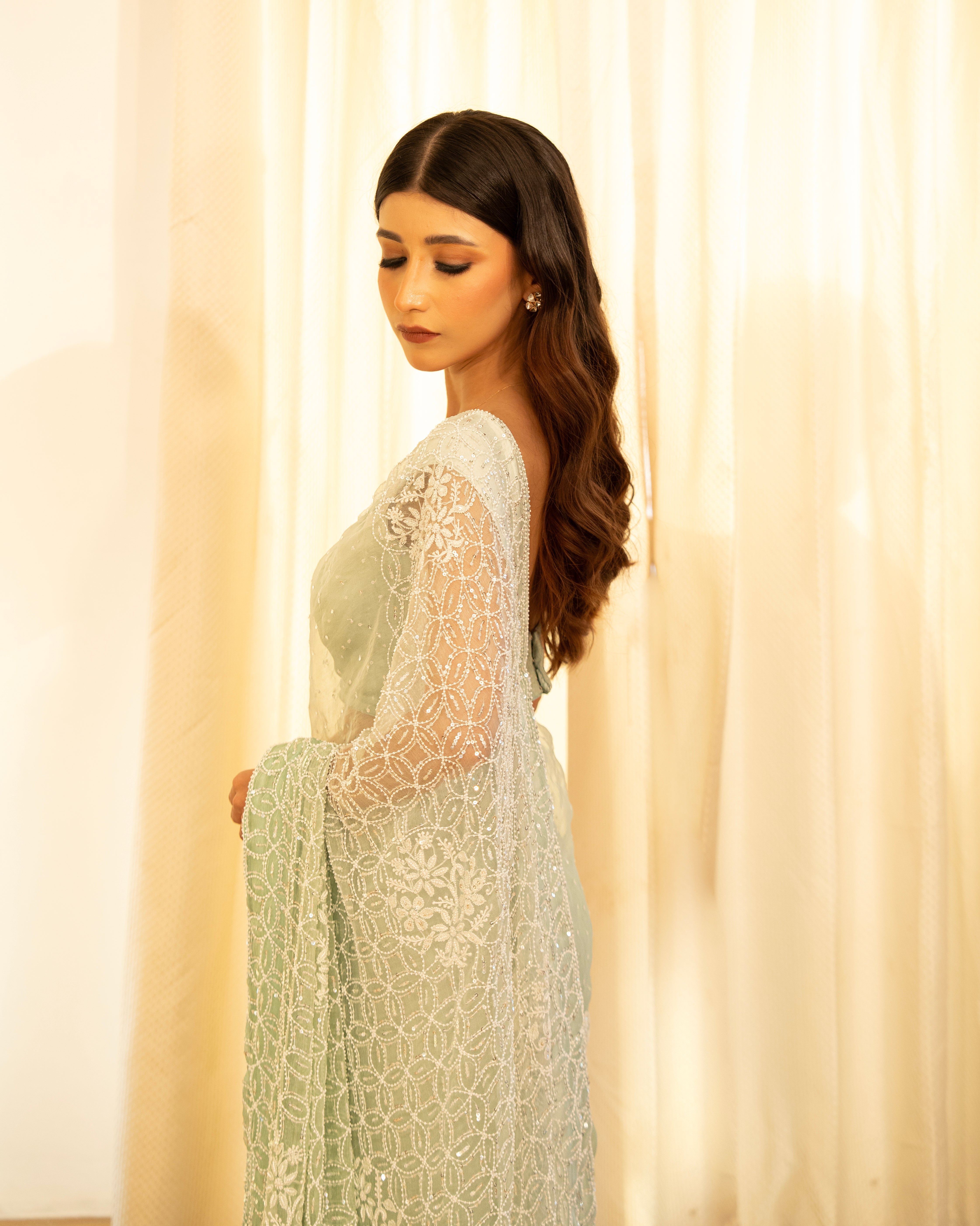 Sage Green Organza Chikankari Saree and Blouse