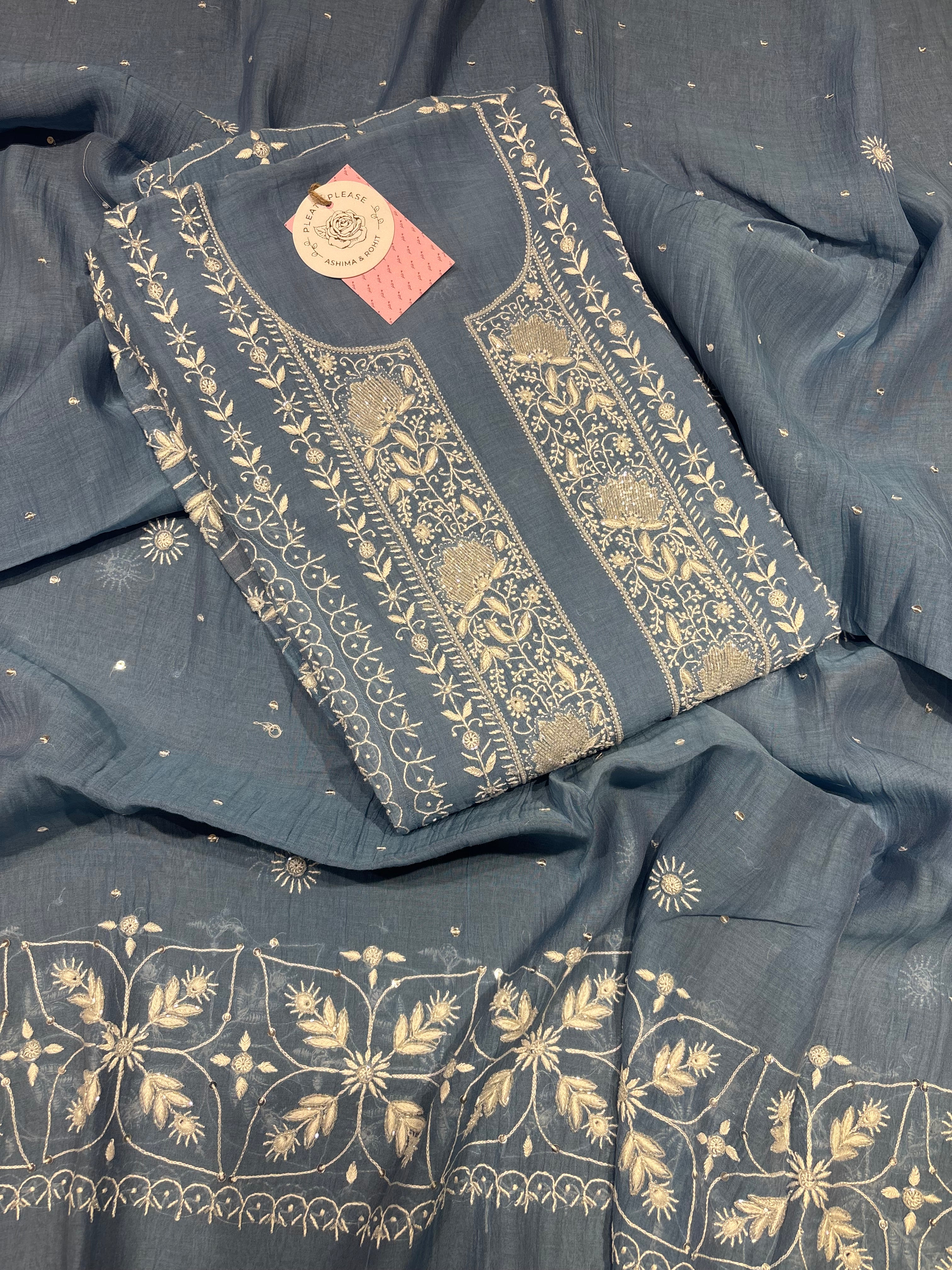 Blue Chanderi Mul Chikankari Kurta and Dupatta Set