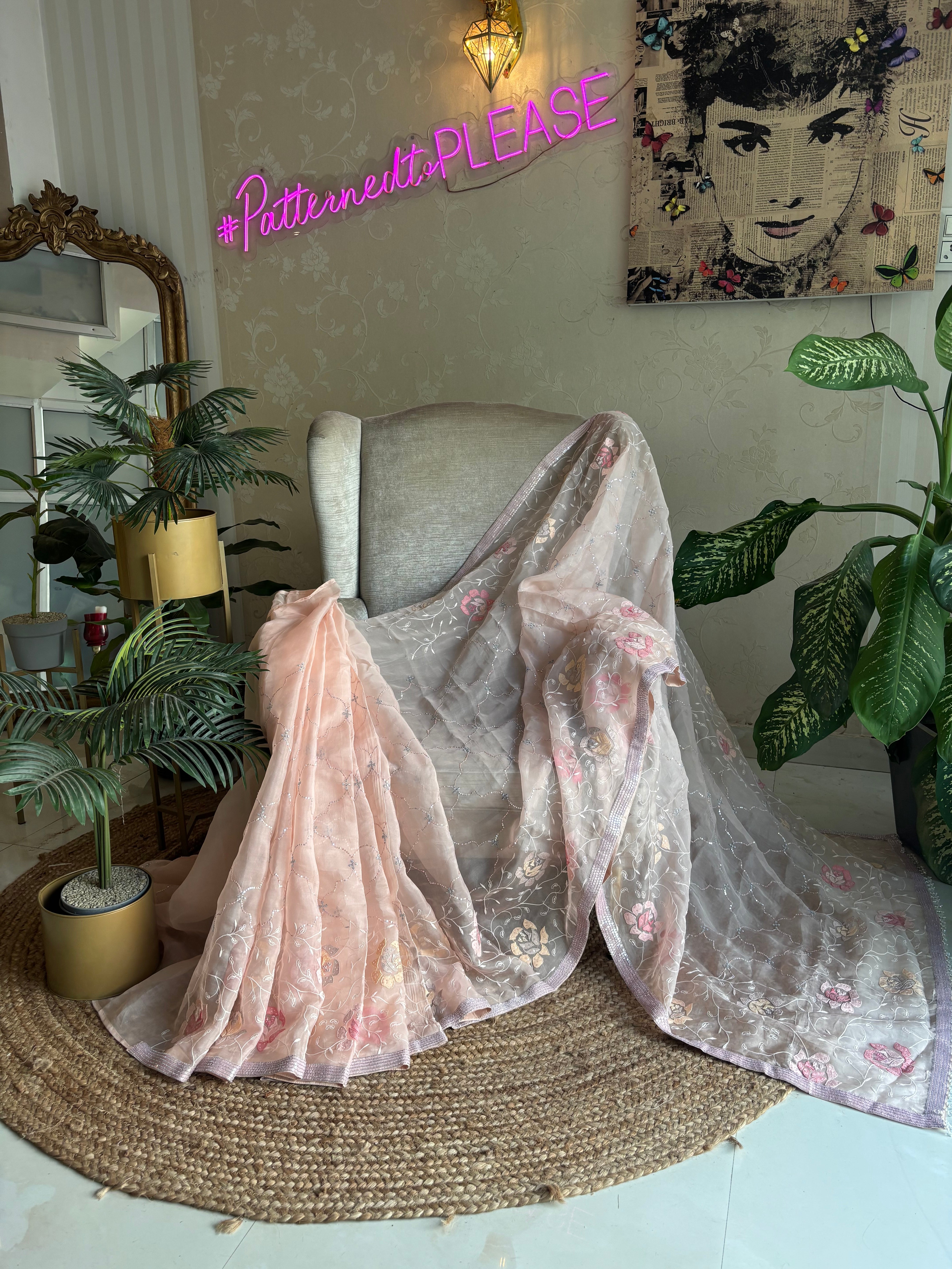 Pale Peach Pure Organza Chikankari Saree with Blouse