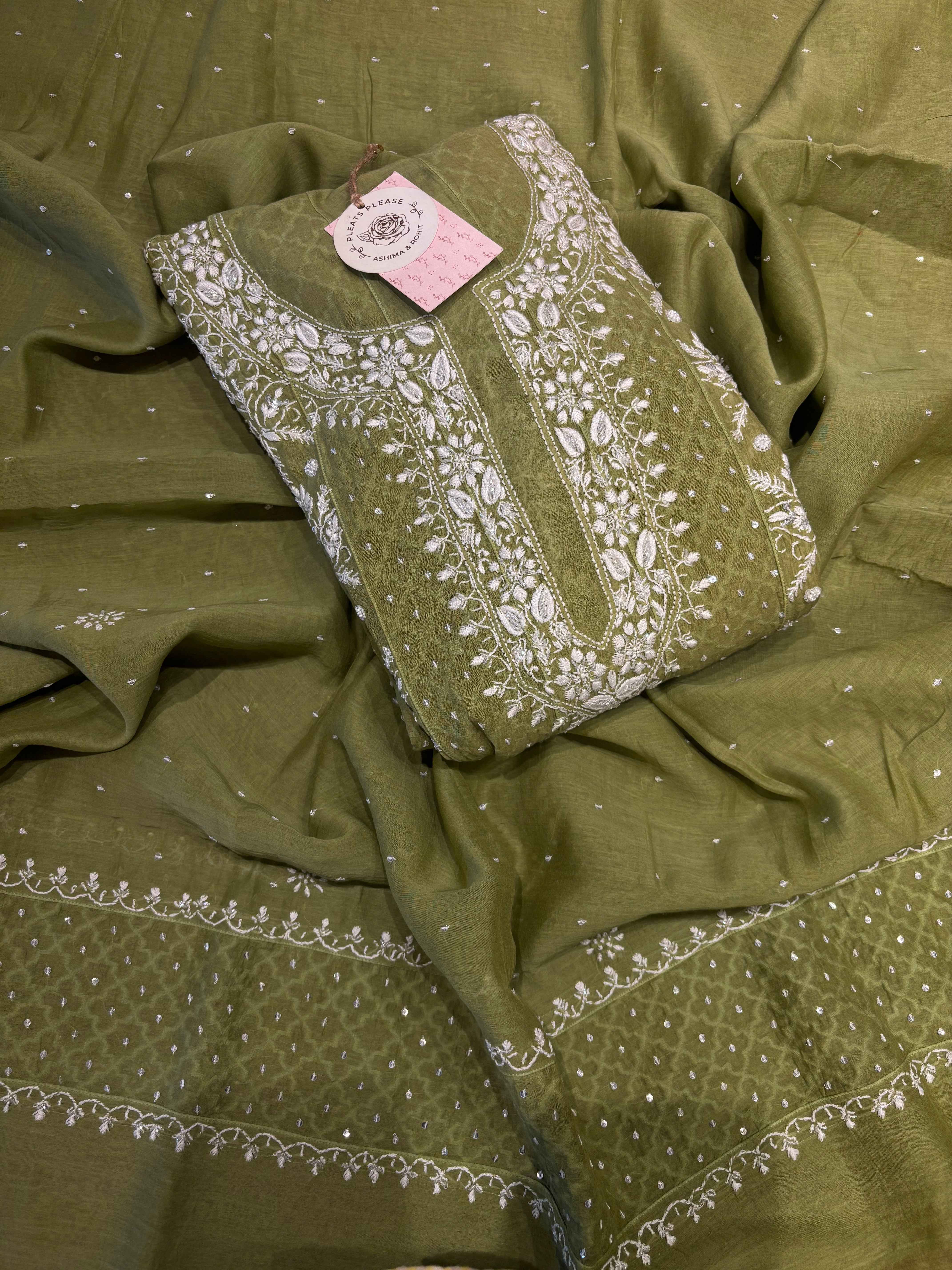 Olive Green Chanderi Mul Chikankari Anarkali and Dupatta - Pleats PleaseChikankari