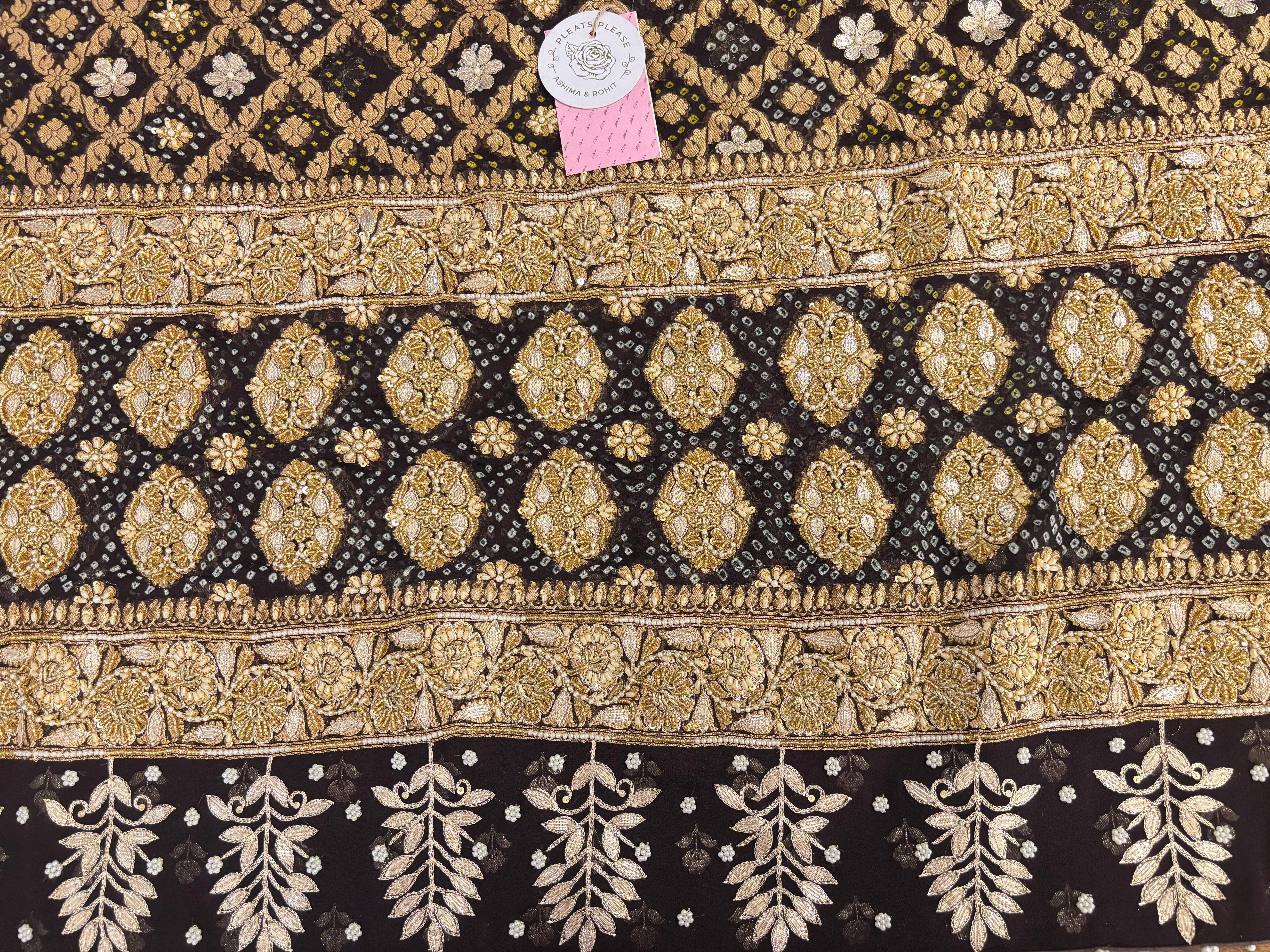 Deep Brown Pure Georgette Gota Patti Bandhej Zardozi Dupatta
