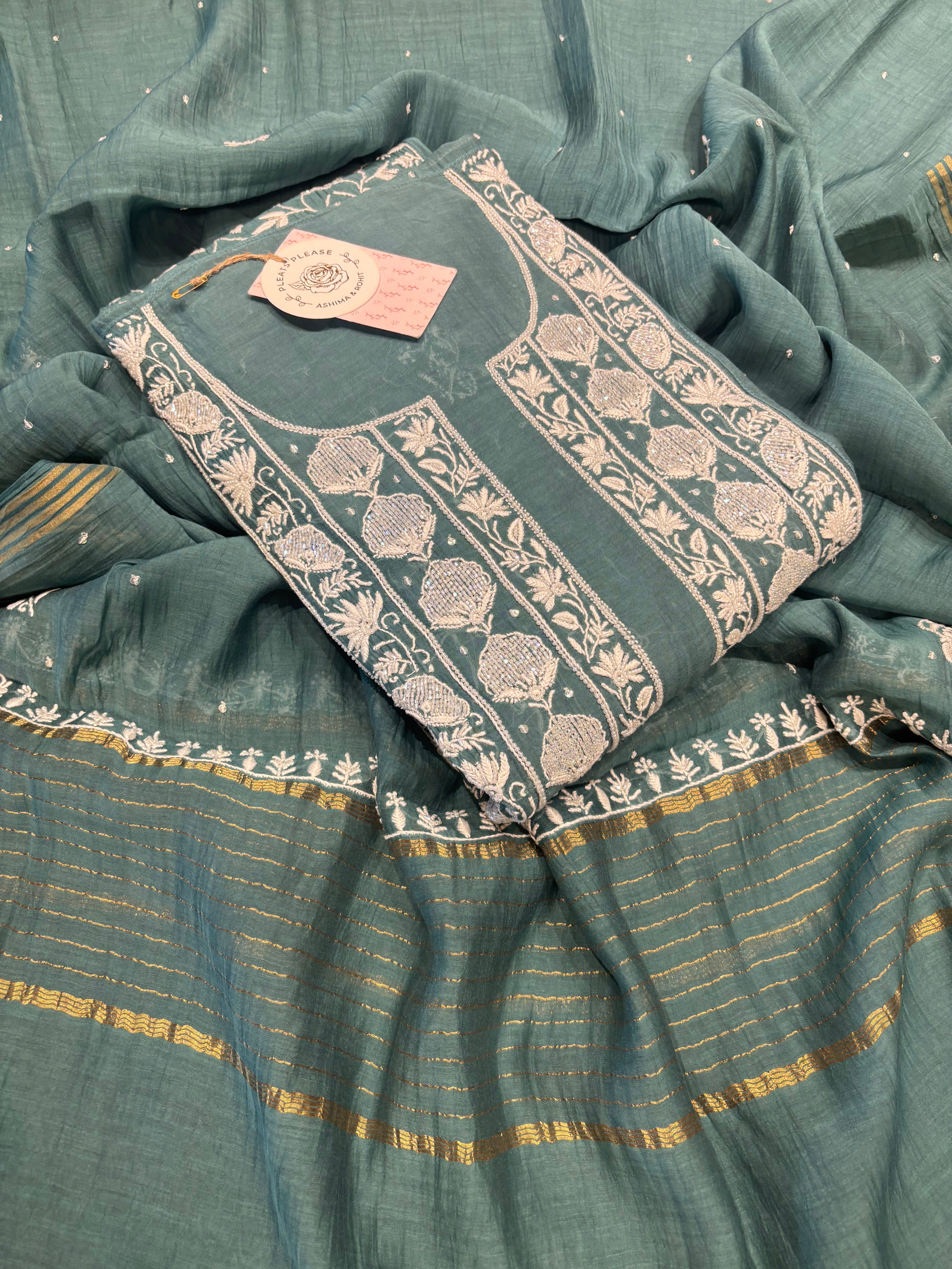 Teal Green Chanderi Mul Chikankari Anarkali and dupatta