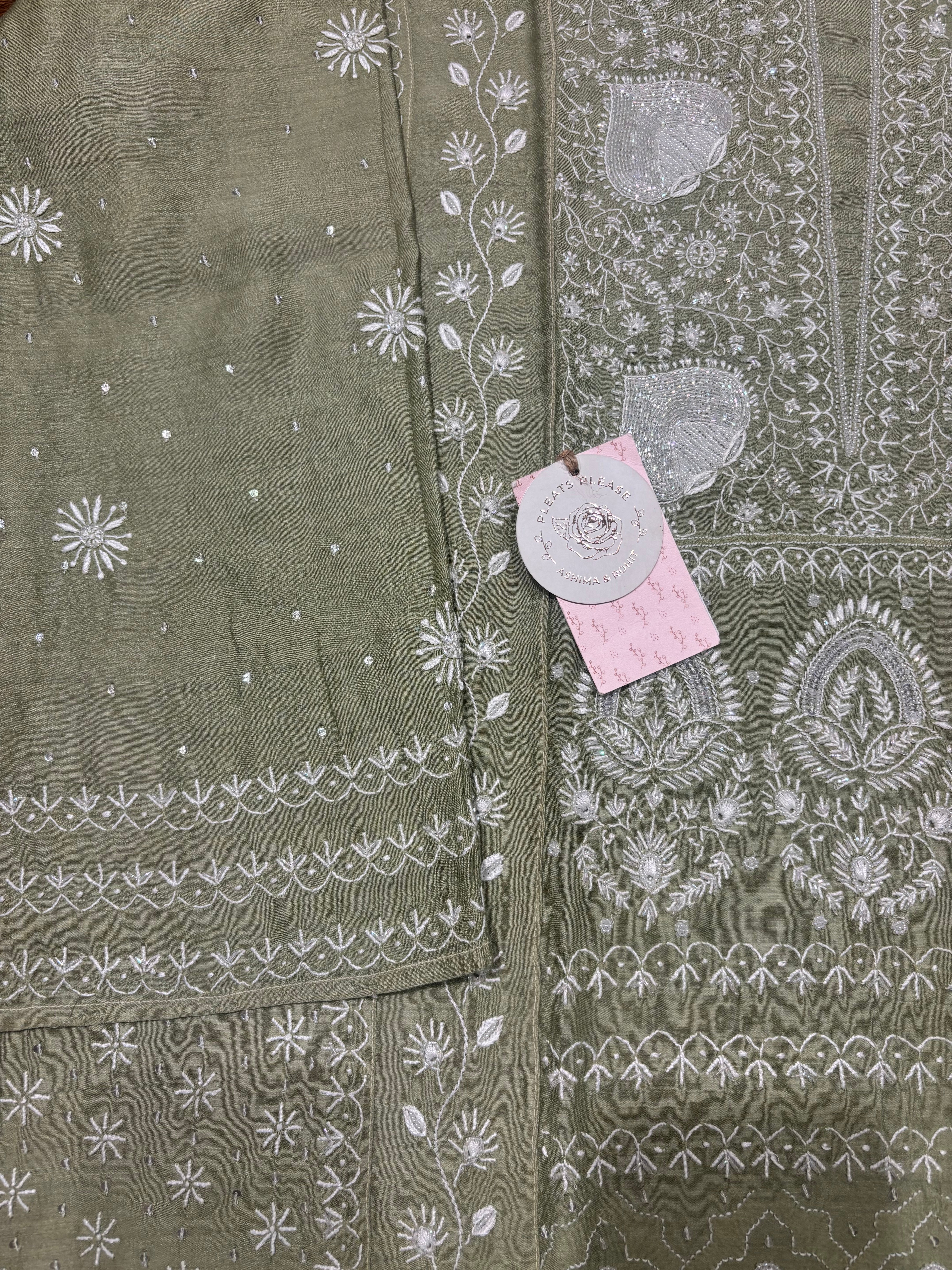 Mossy Green Pure and Premium Monga Silk Chikankari Kurta and Dupatta Set