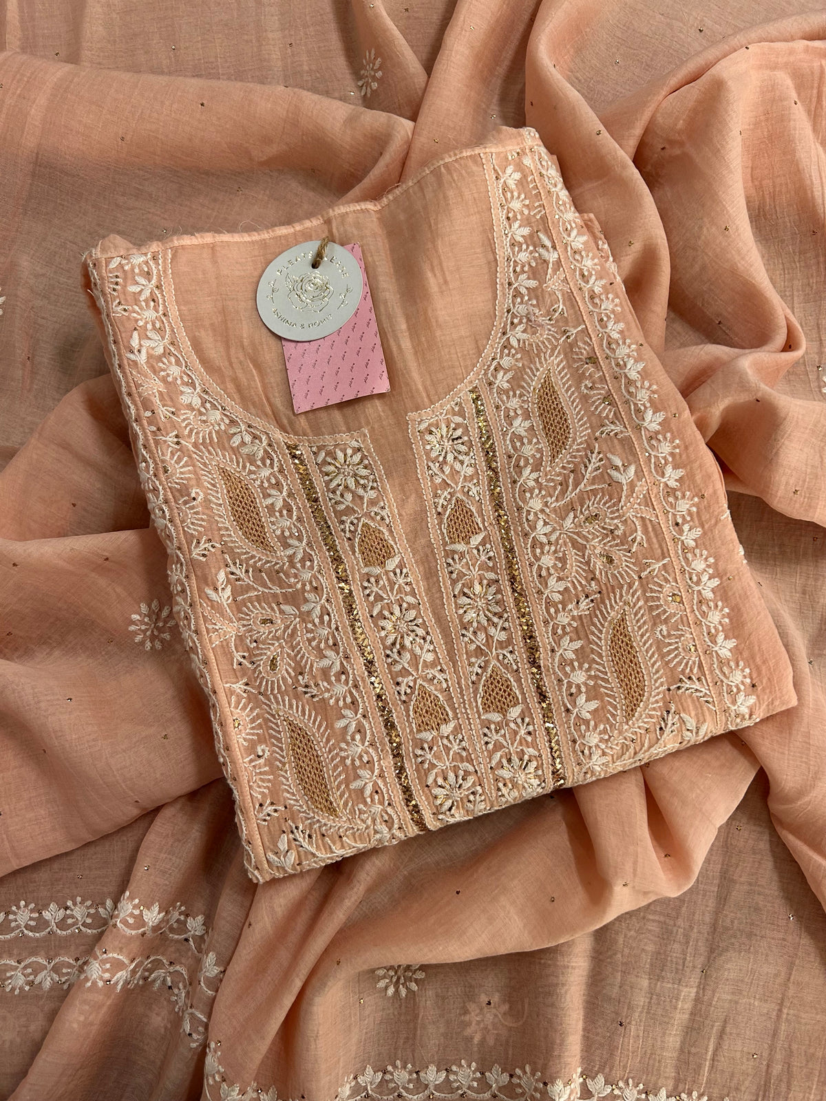 Peach Chanderi Chikankari Mukaish Kurta & Dupatta
