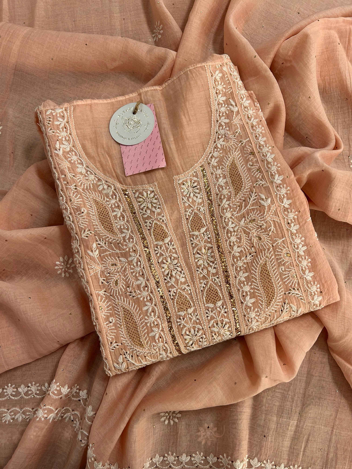 Peach Chanderi Chikankari Mukaish Kurta & Dupatta