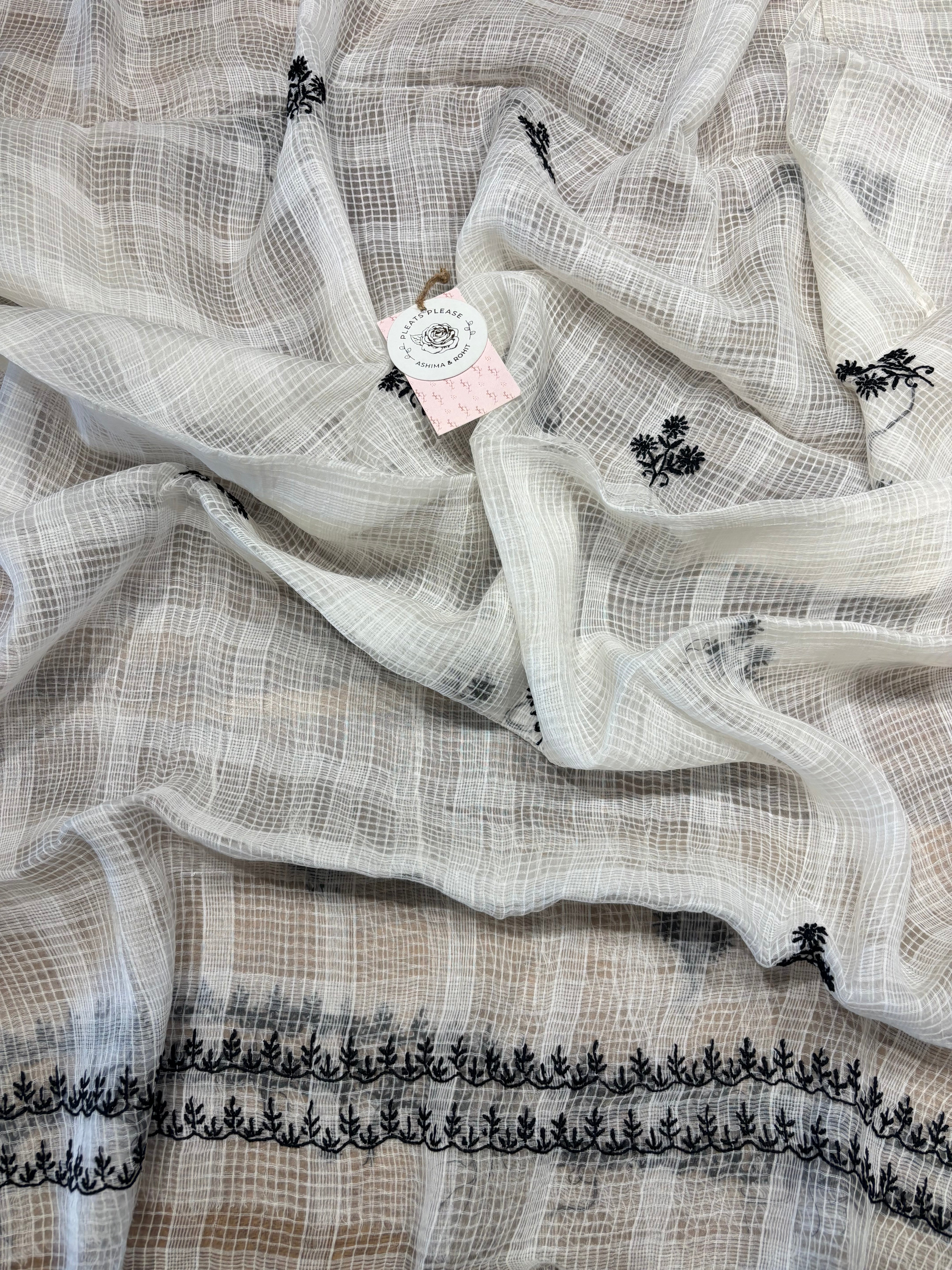 White And Black Kota Doria Chikankari Kurta And Dupatta Set