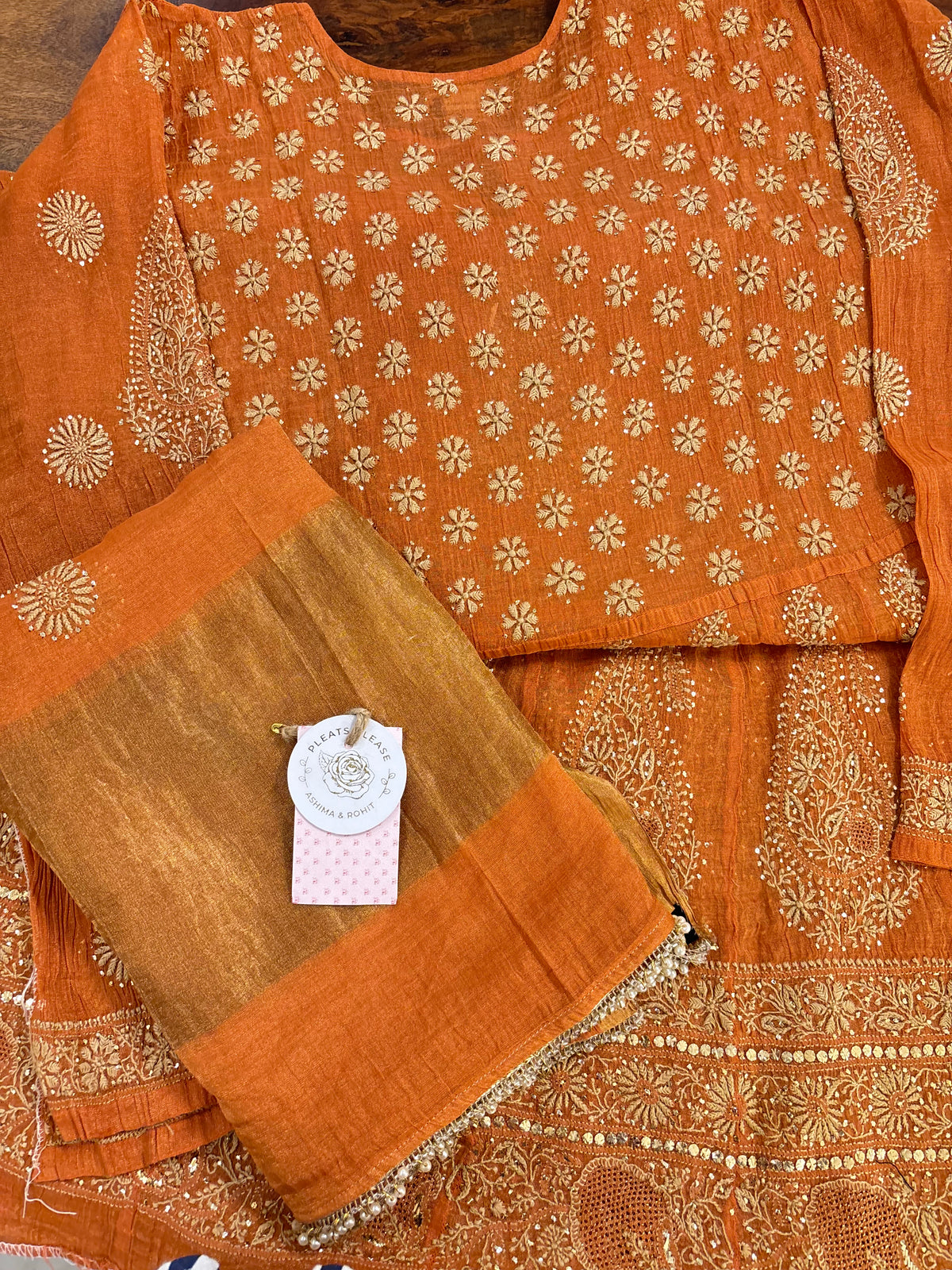 Burnt Orange Pure & Premium Tissue Chikankari Mukaish Bajirao Anarkali & Dupatta