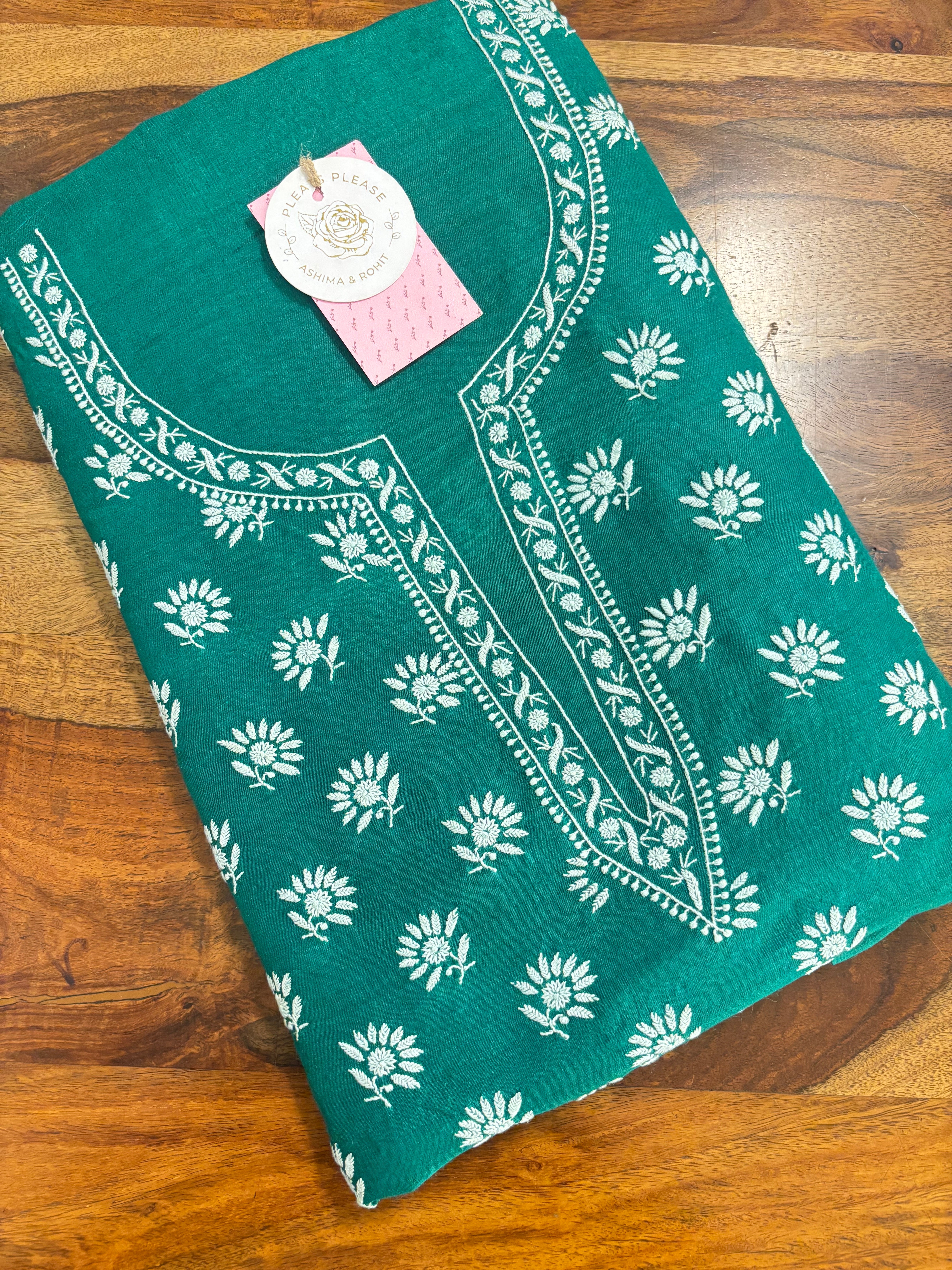 Emerald Green Monga Silk Chikankari Kurta & Dupatta