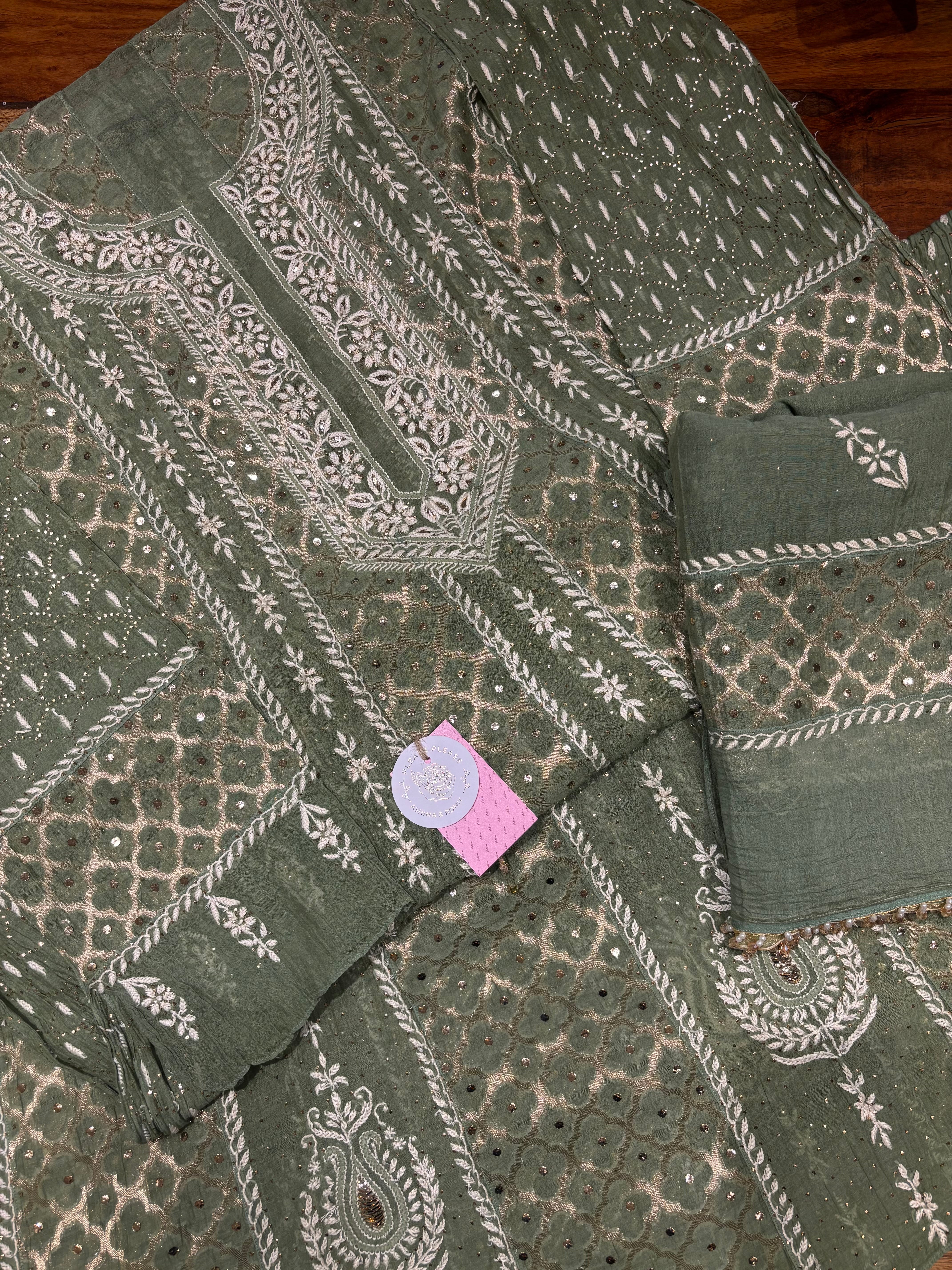 Olive Green Chanderi Mul Chikankari & Mukaish Anarkali & Dupatta Set