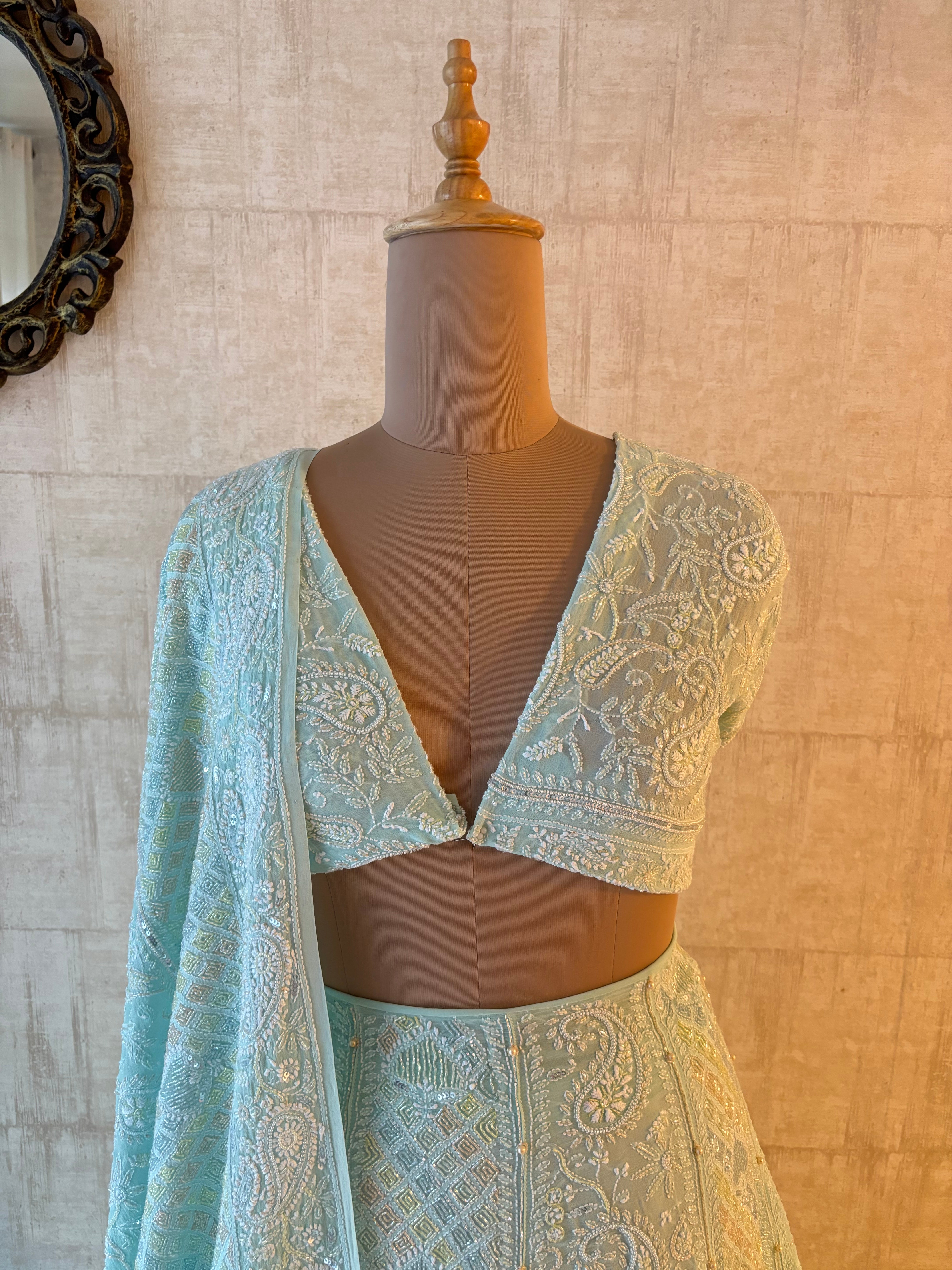 Sea Foam Pure & Premium Georgette Chikankari Lehenga & Dupatta Set