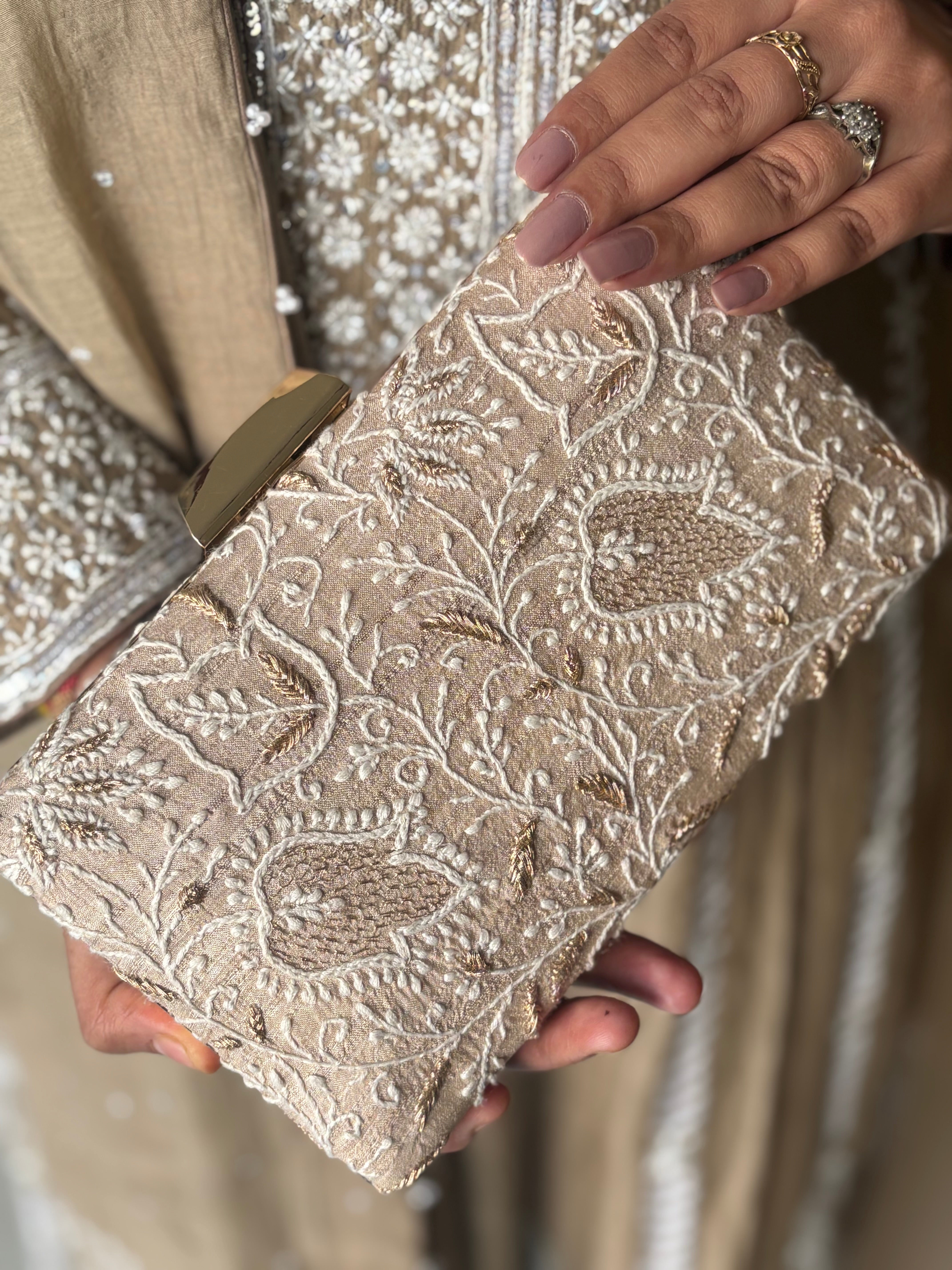 Beige Silk Chikankari Clutch
