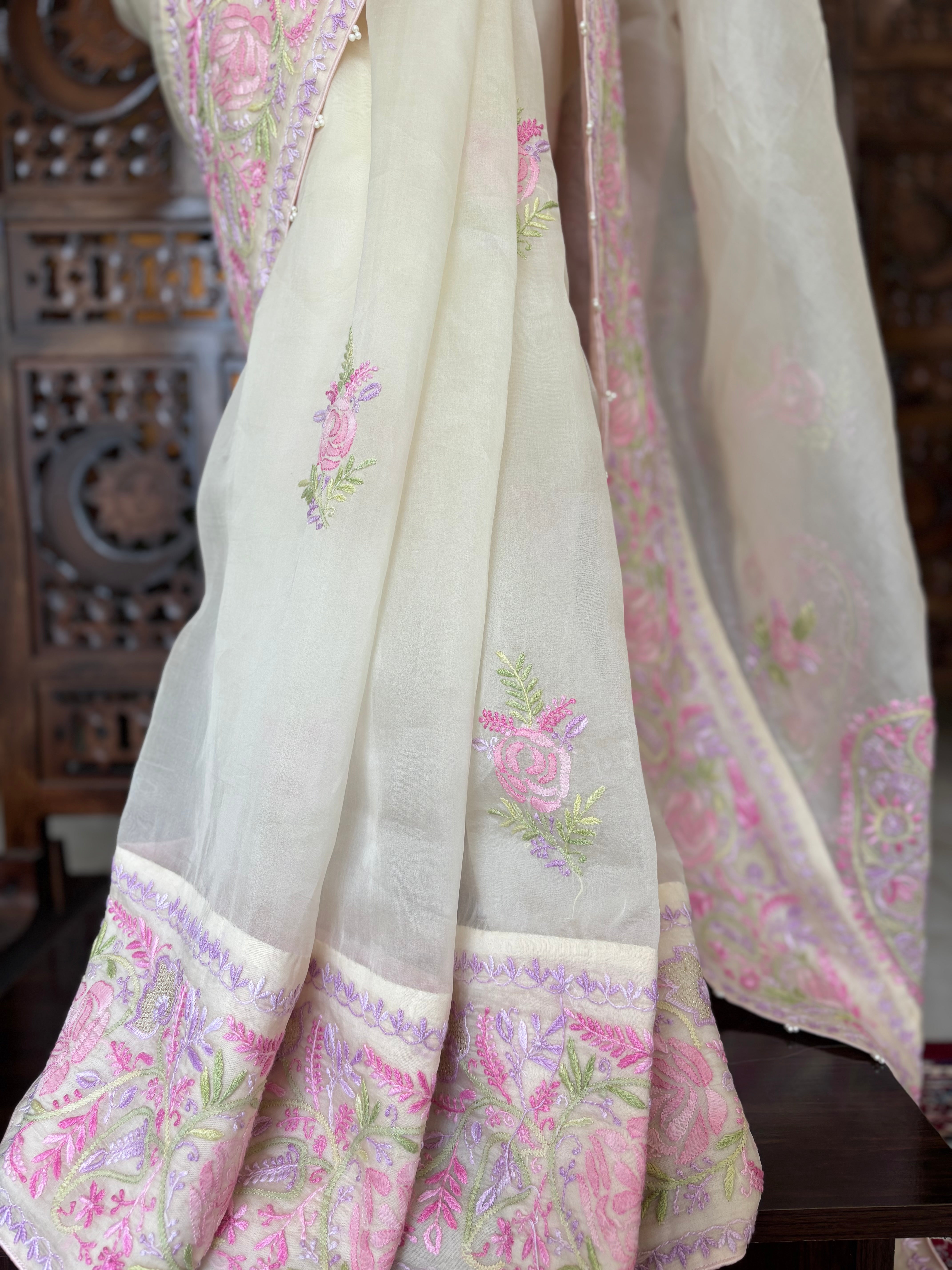 Lime Yellow Organza Silk Chikankari Saree and Blouse