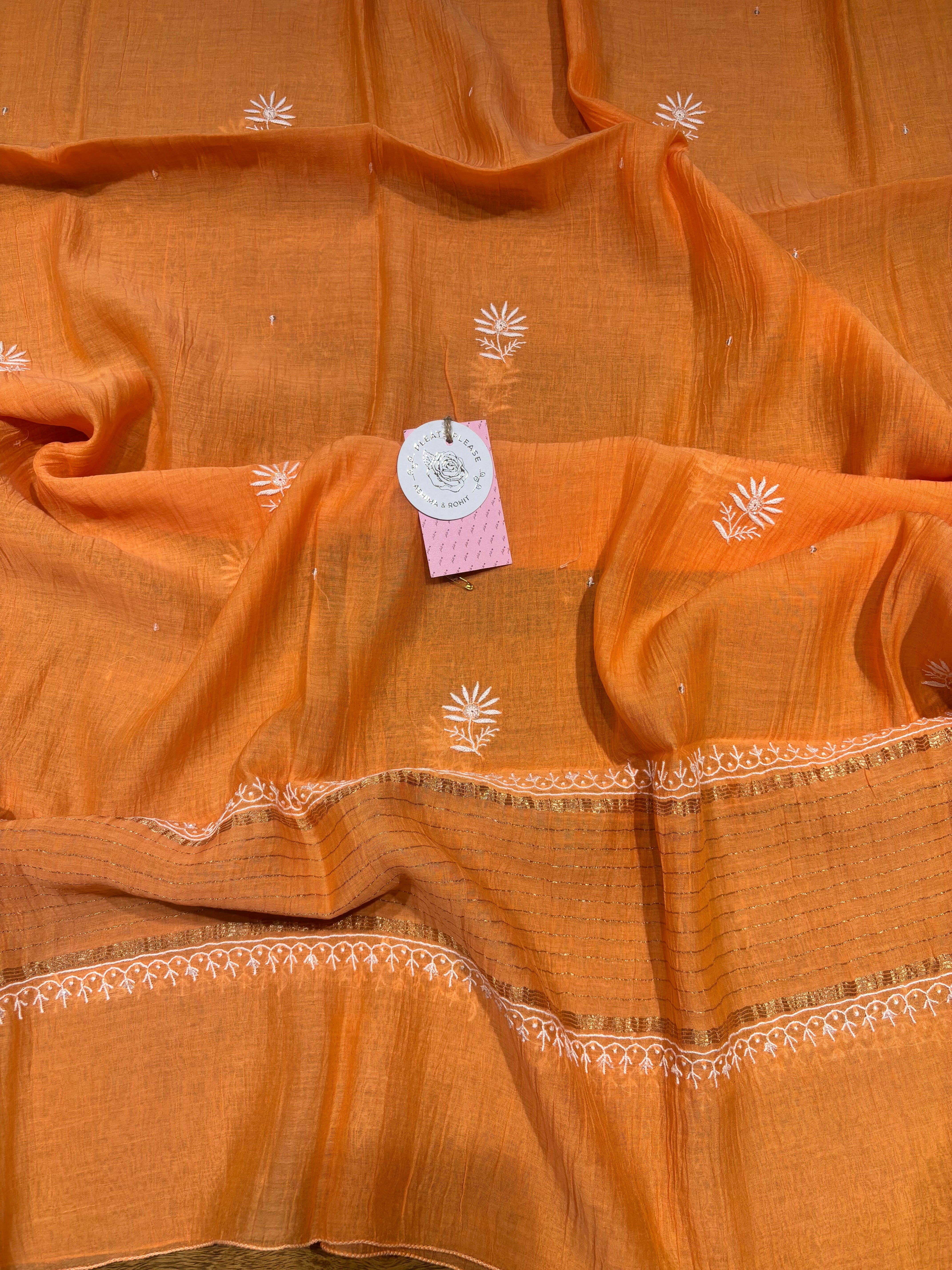 Orange Chanderi Mul Chikankari Kurta and Dupatta Set