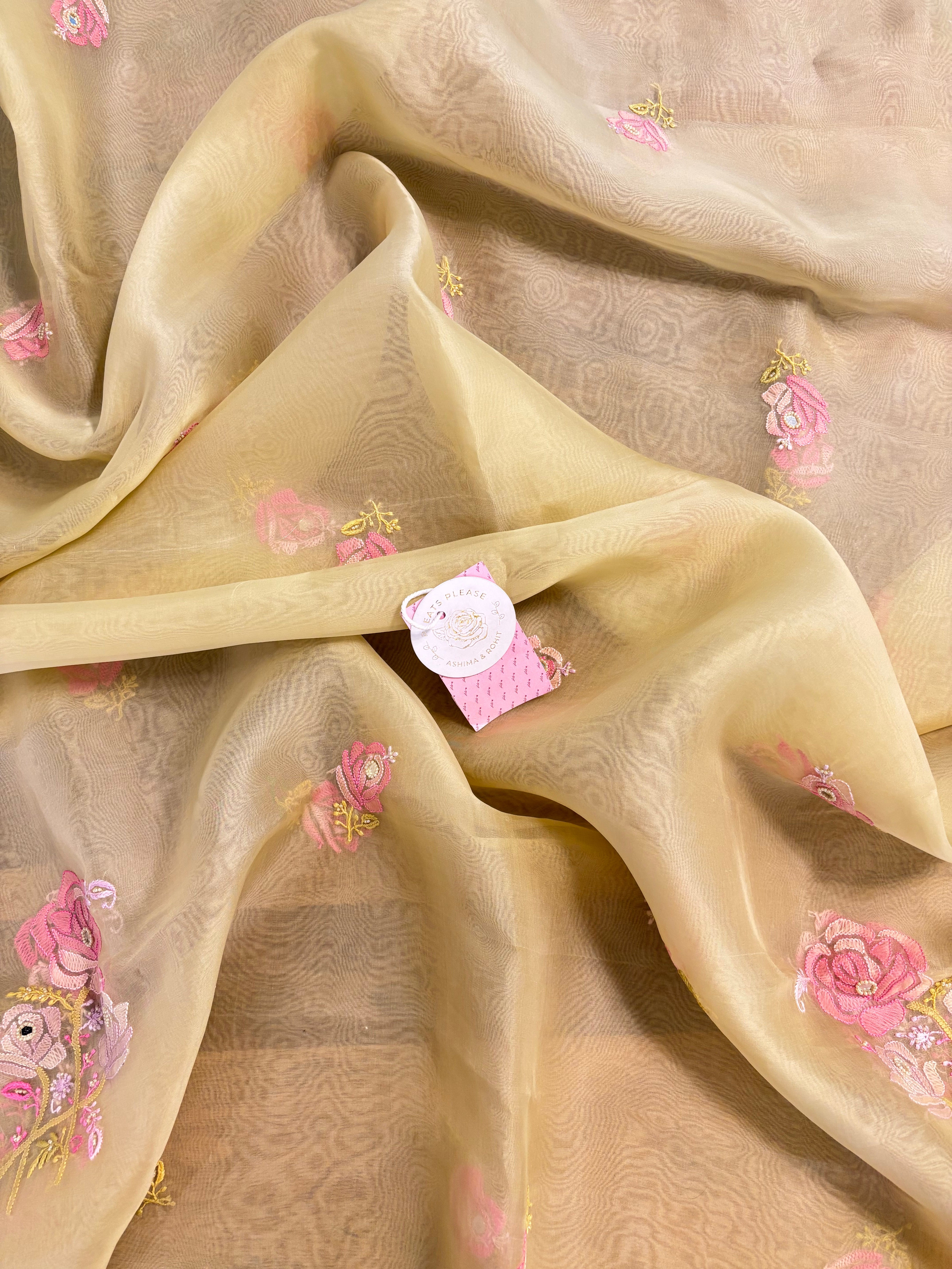 Champagne Gold Pure Organza Silk Chikankari Kurta & Dupatta