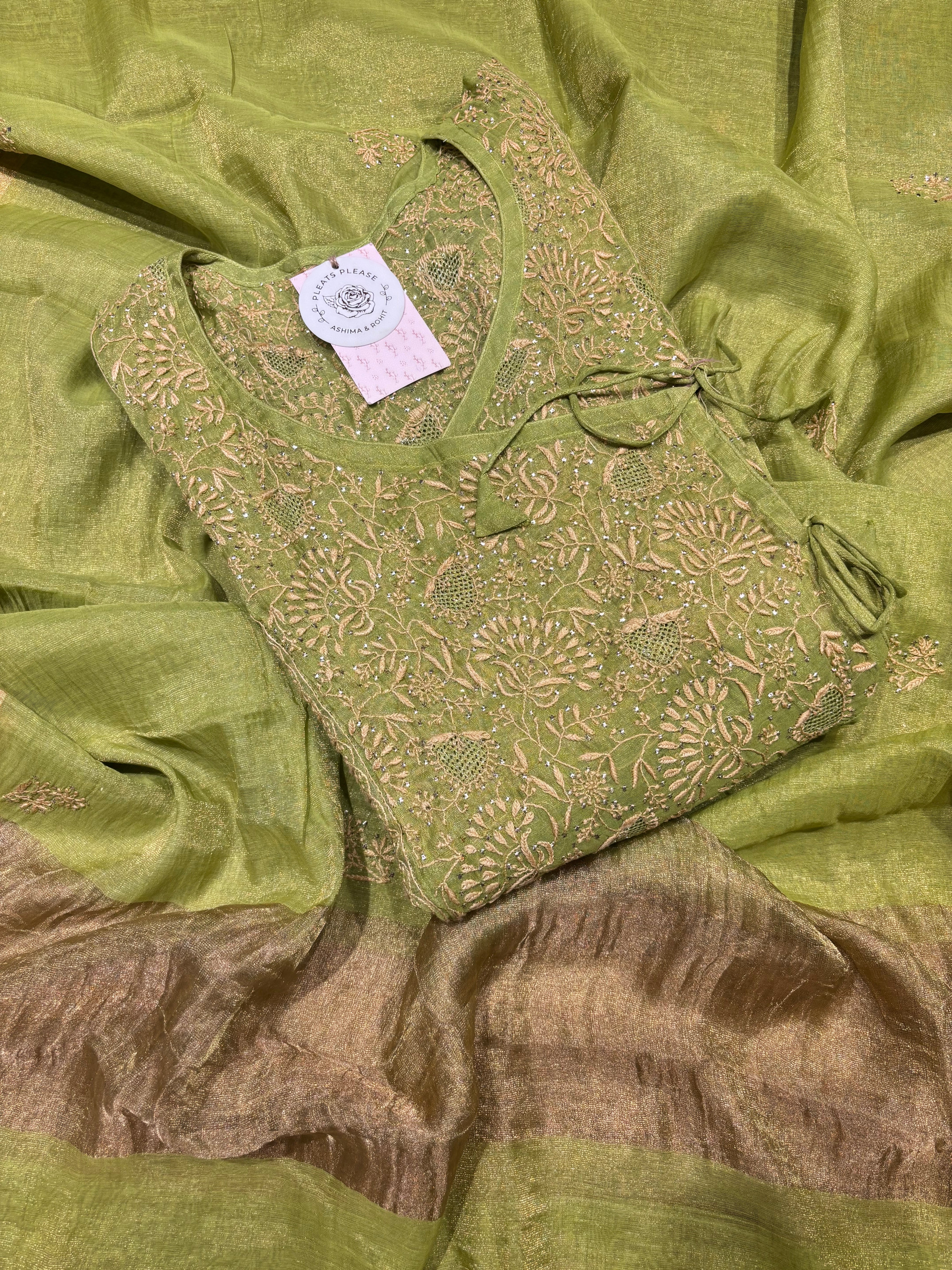 Green Pure and Premium Tissue Chikankari & Mukaish Angrakha Kurta and Dupatta Set