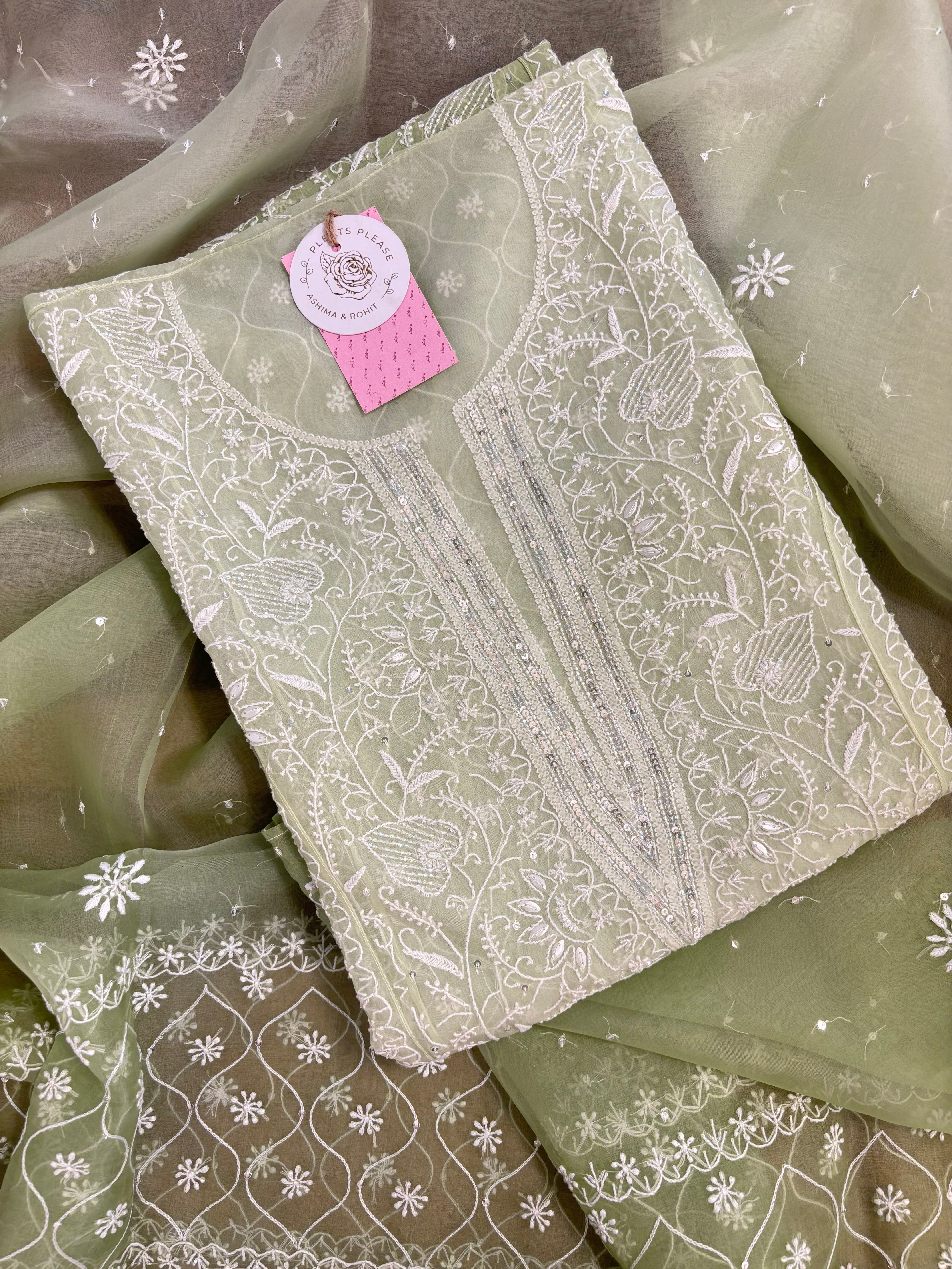 Pistachio Ombré Pure Organza Chikankari Kurta & Dupatta