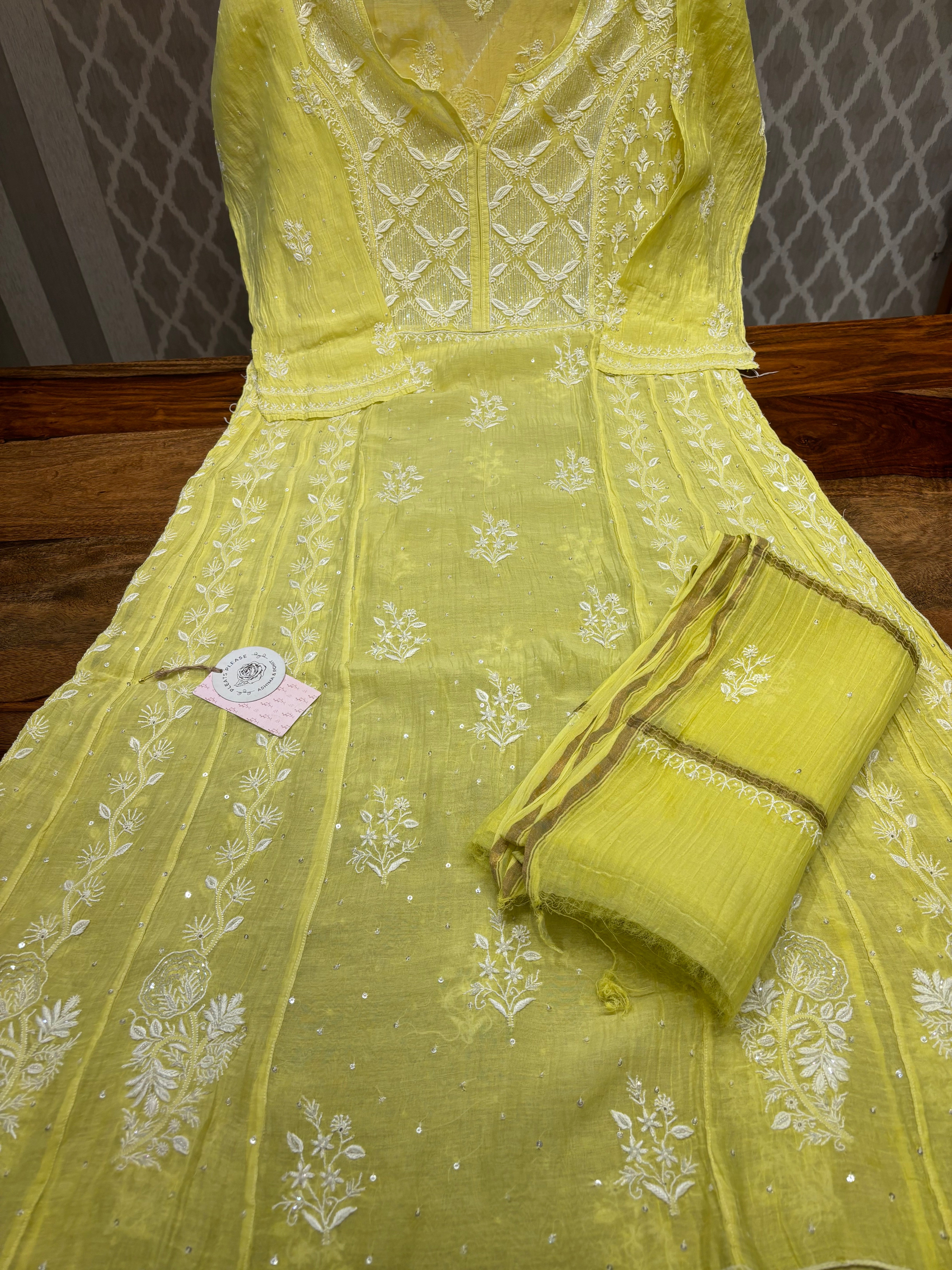 Neon Green Chanderi Mul Chikankari Kurta and Dupatta