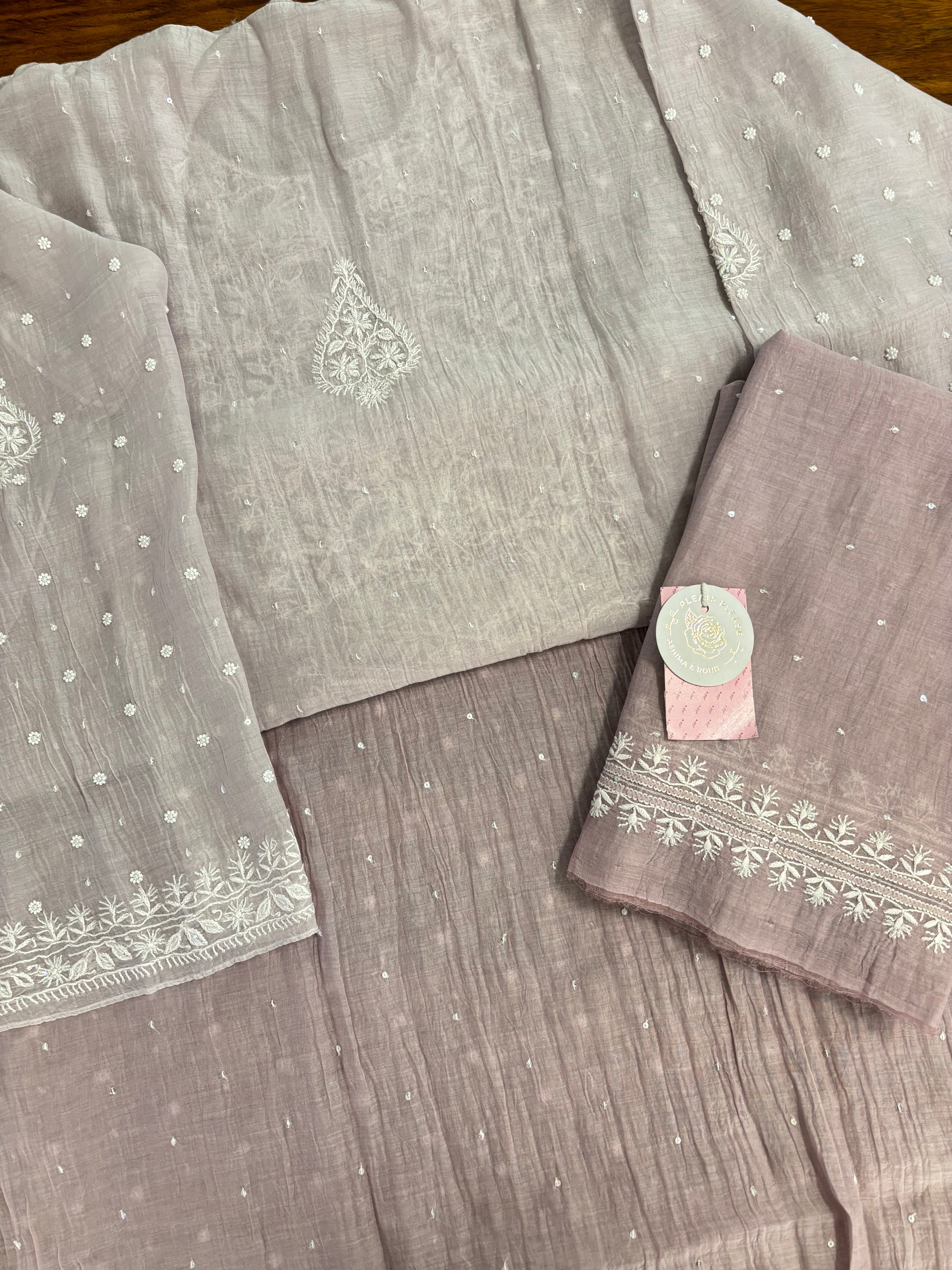 Dusky Lilac Pure Chanderi Ombre Chikankari Kurta & Dupatta Set - Pleats PleaseChikankari