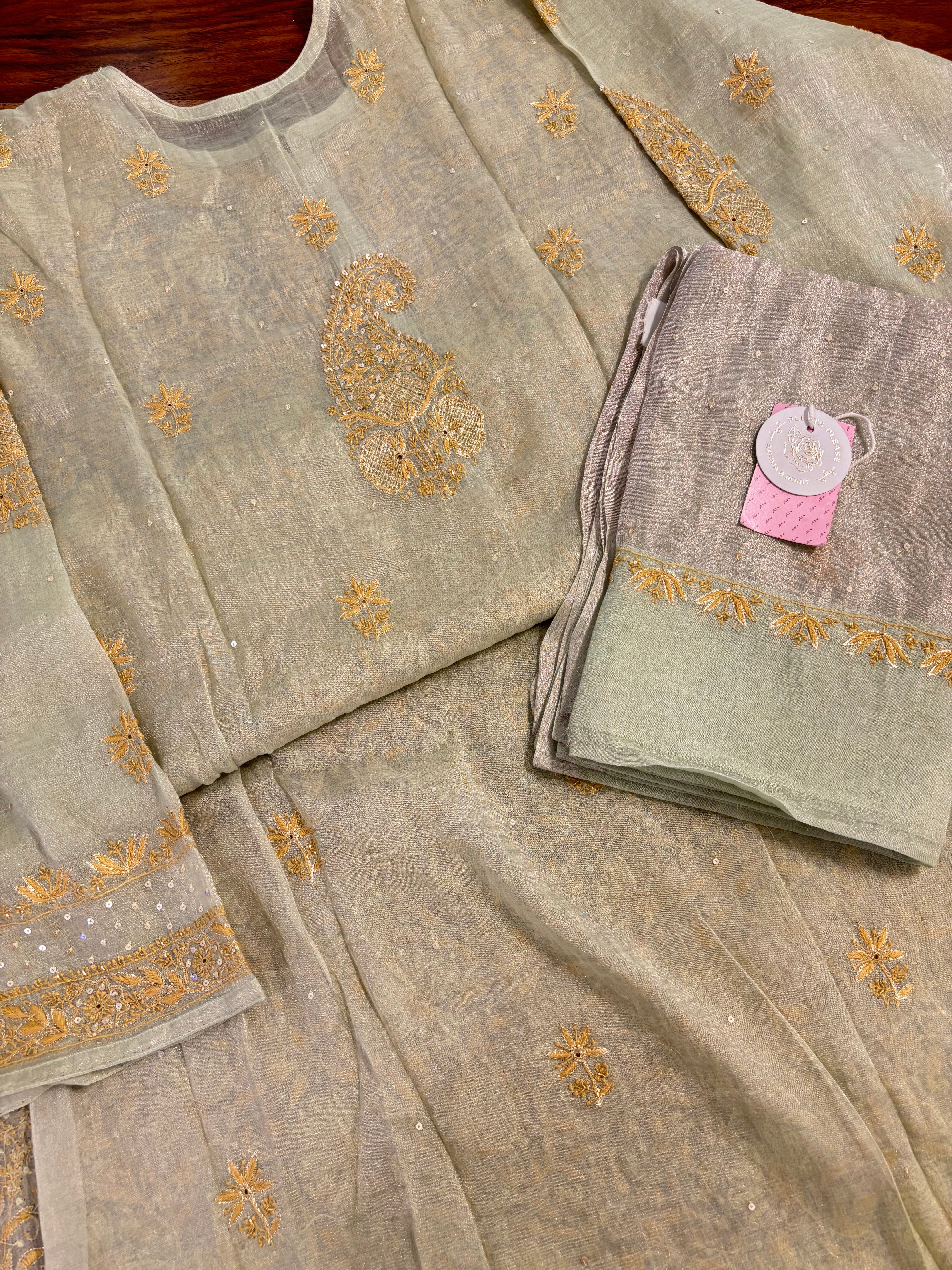 Pistachio Green Pure Tissue Chikankari Kurta & Dupatta - Pleats PleaseChikankari