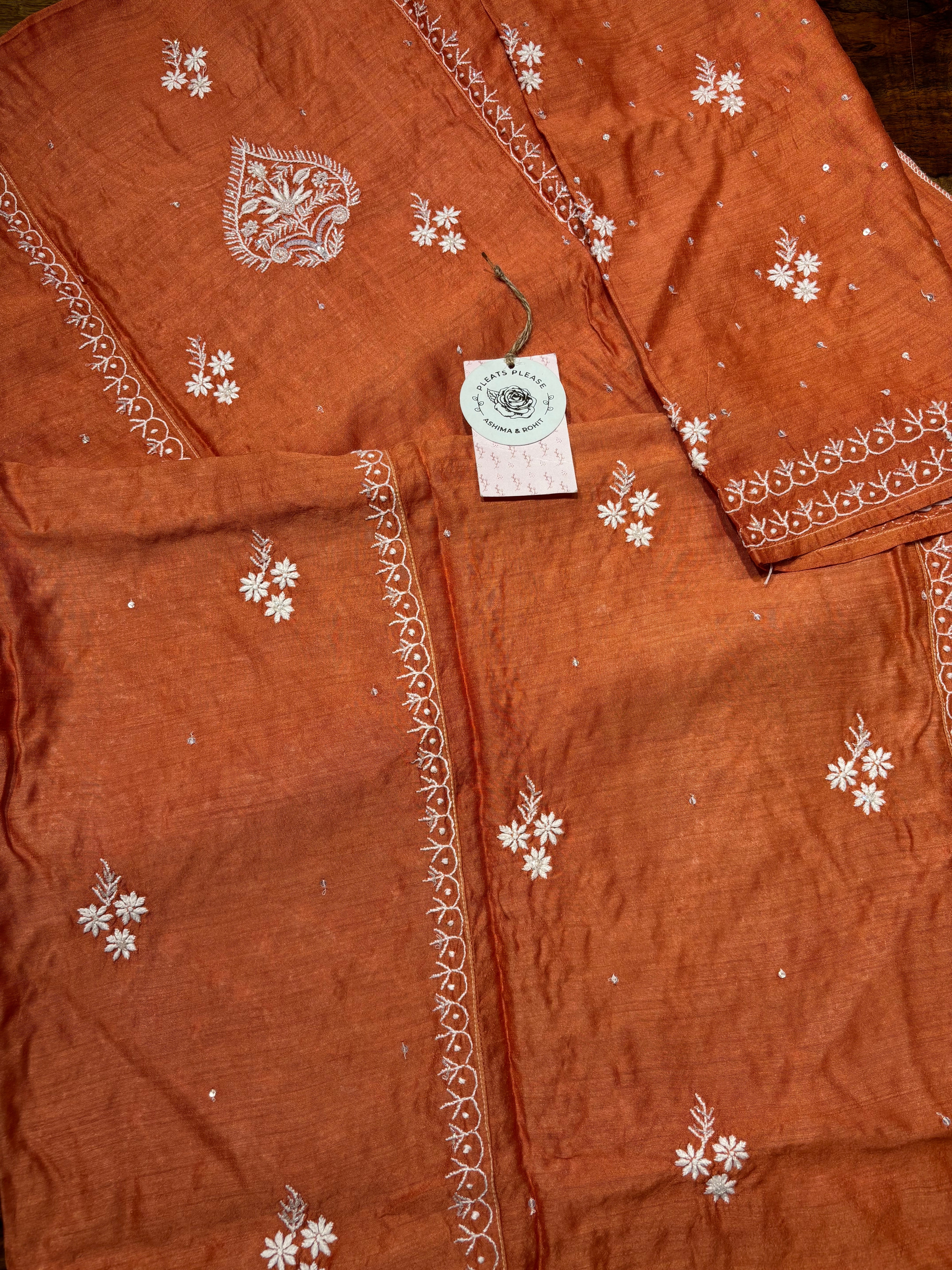 Burnt Orange Monga Silk Chikankari Kurta And Dupatta Set