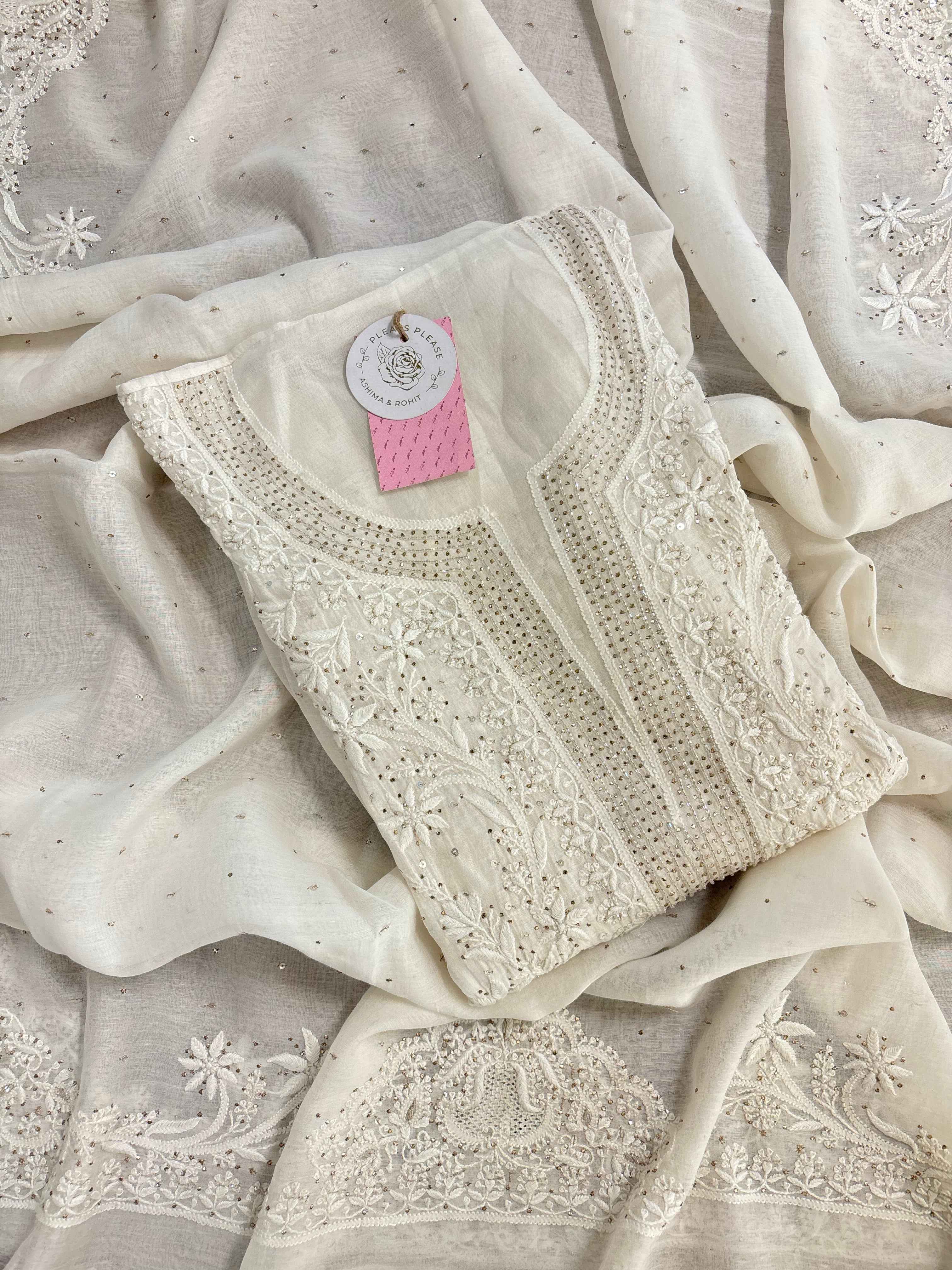 Dyeable Chanderi Mul Mukaish Chikankari Kurta & Dupatta