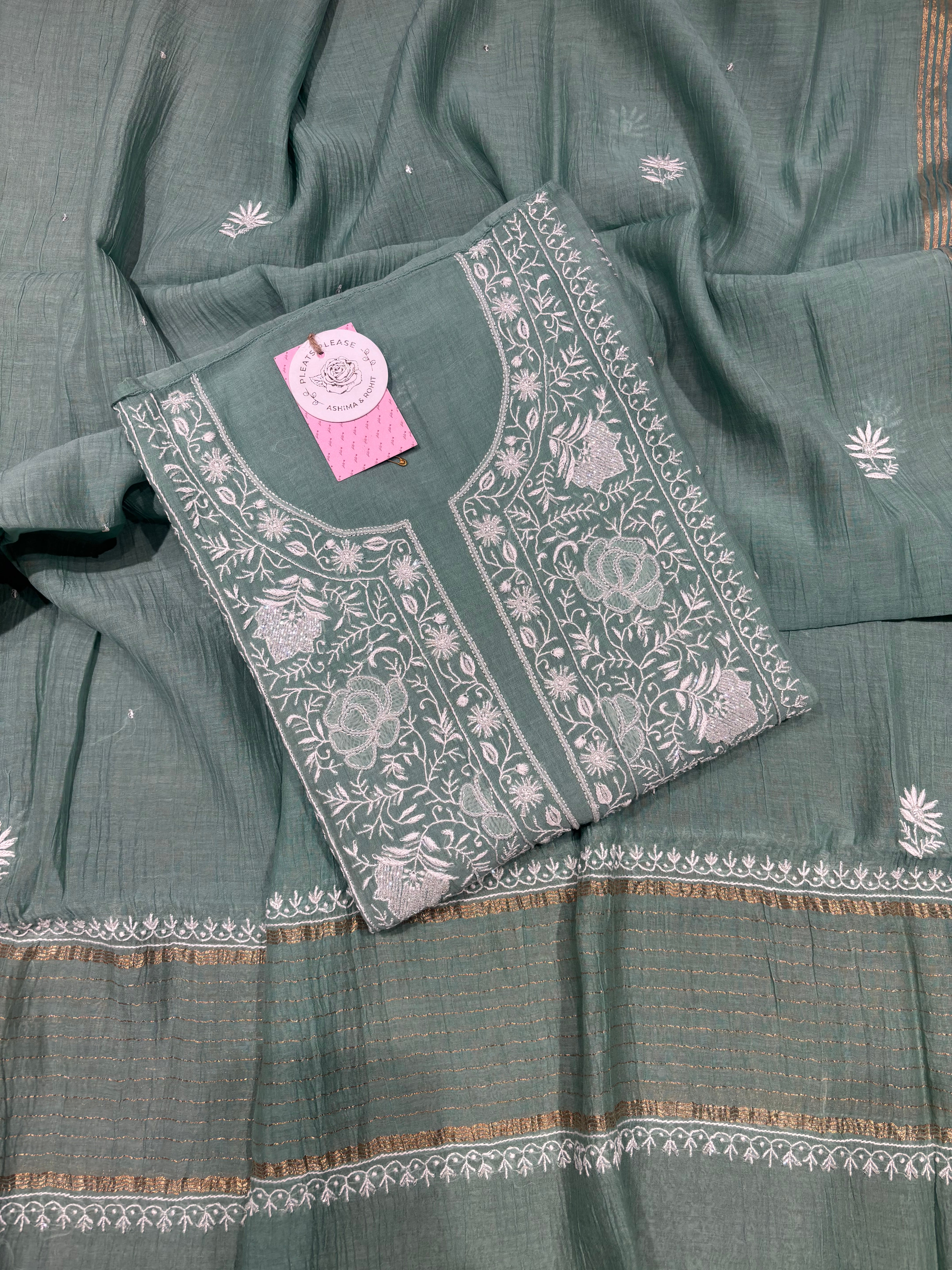 Jade Green Chanderi Mul Chikankari Kurta & Dupatta Set