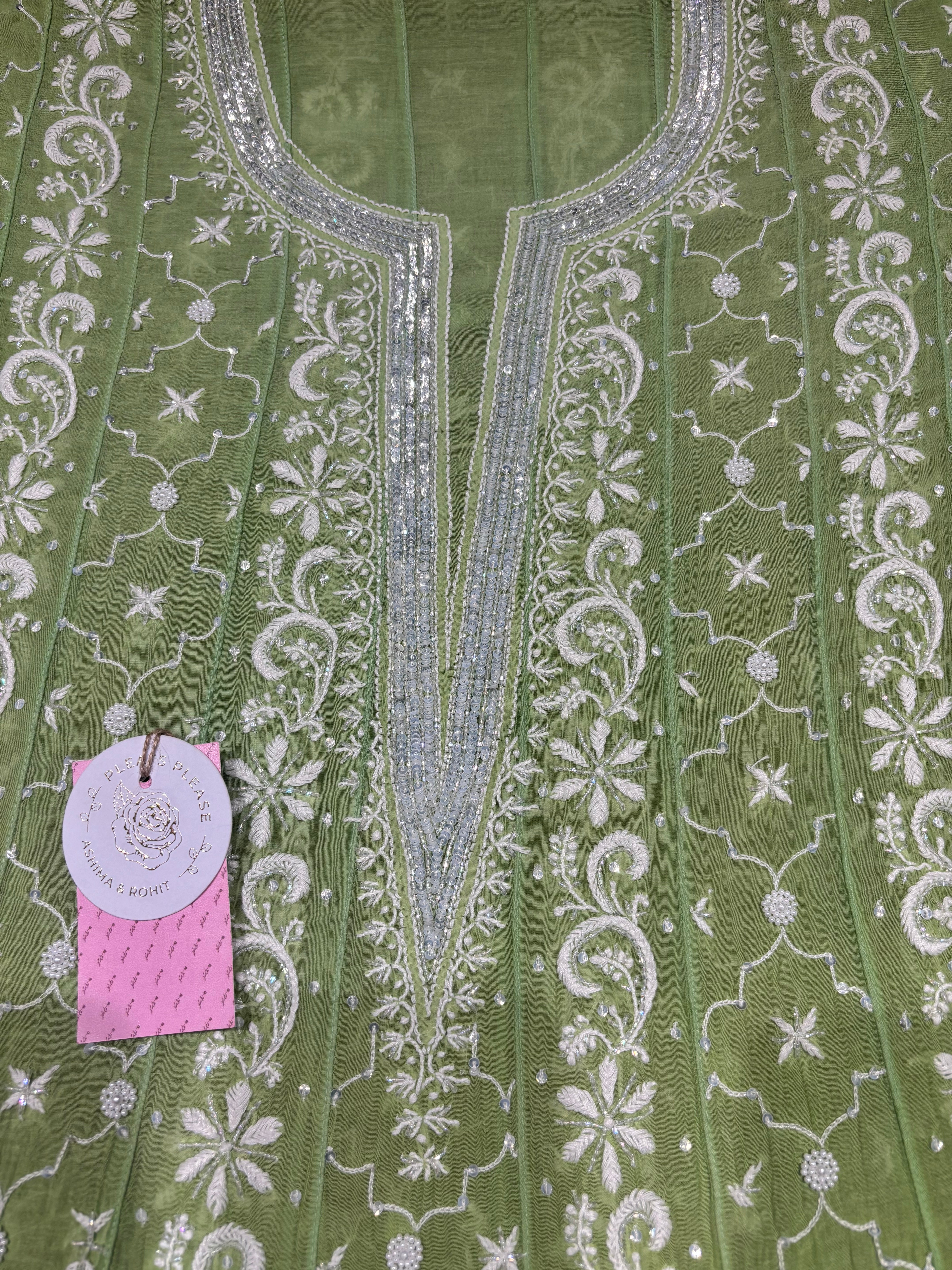 Mint Green Chanderi Mul Chikankari Anarkali & Dupatta Set
