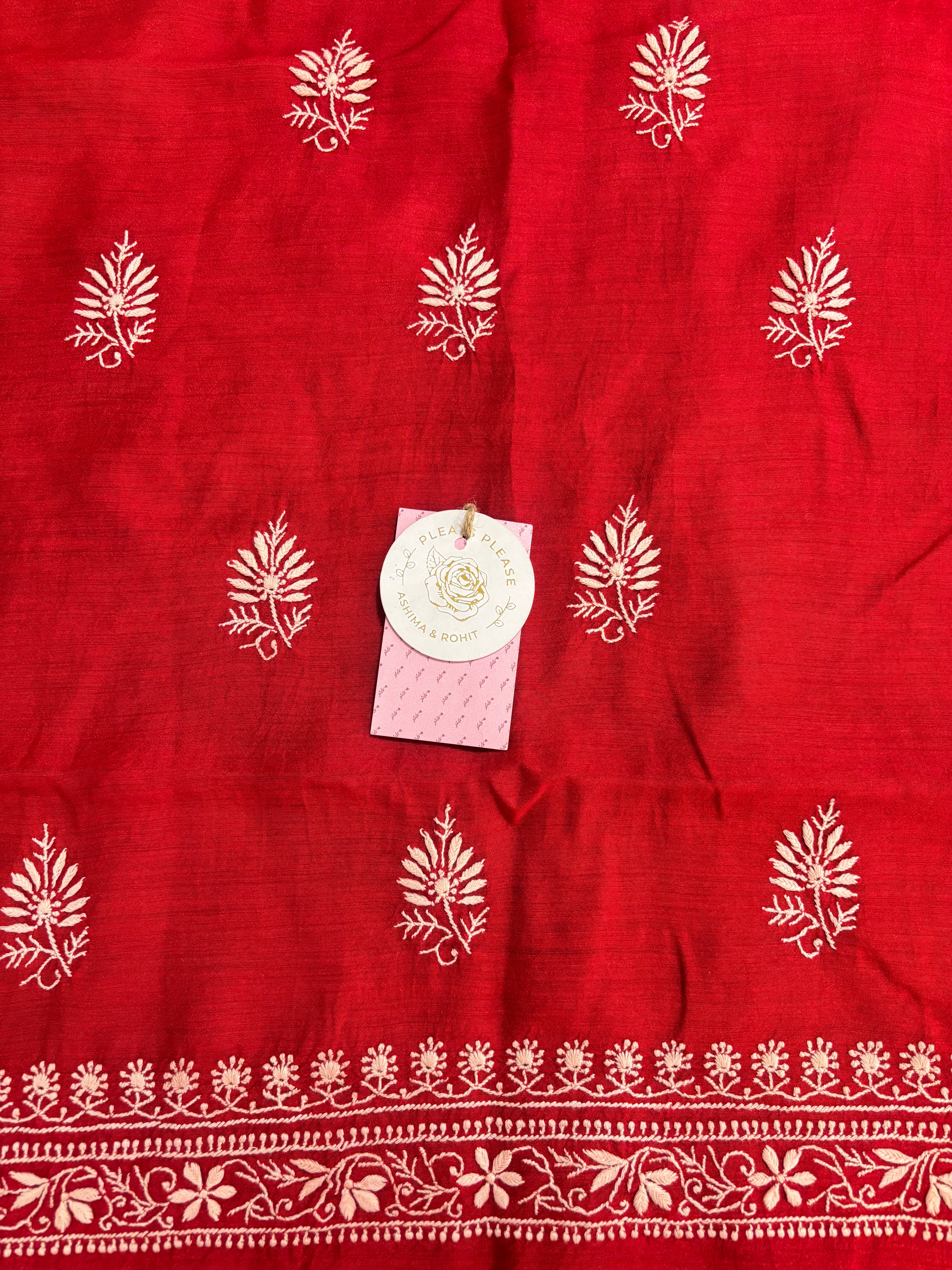 Red Monga Silk Chikankari Kurta & Dupatta