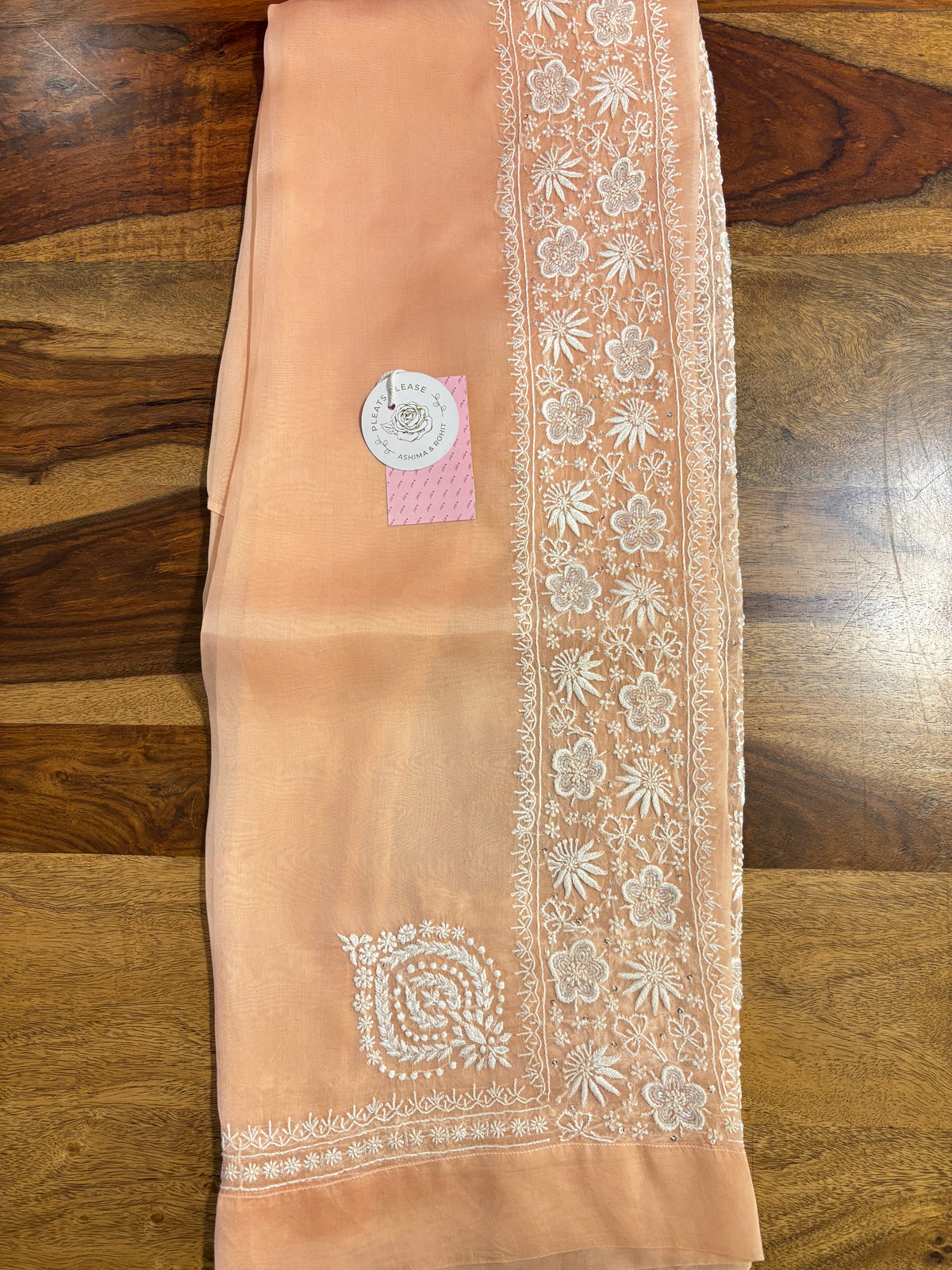Peach Pure Organza Chikankari Co-ord Set - Pleats PleaseChikankari