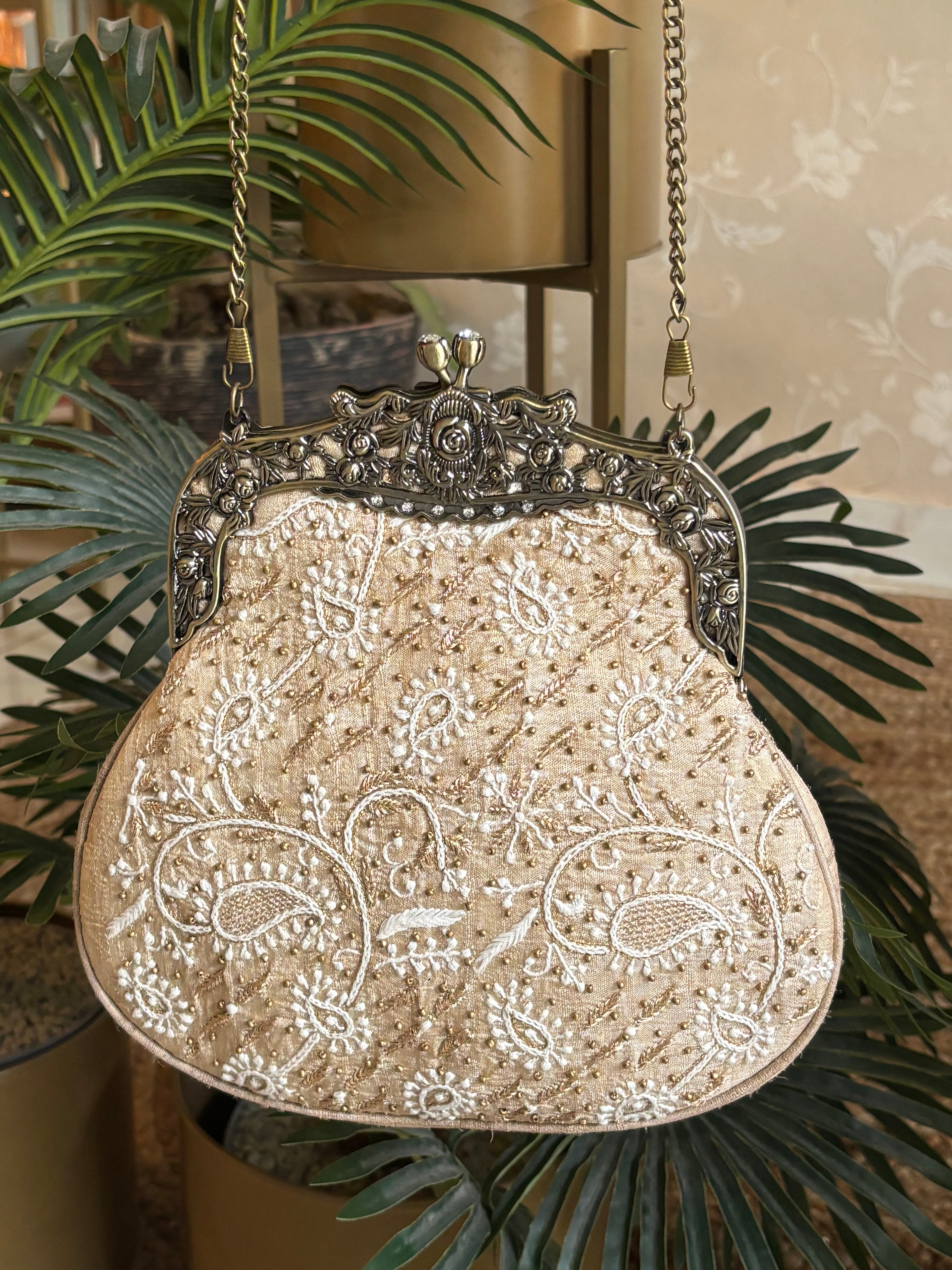 Beige Silk Chikankari Clutch
