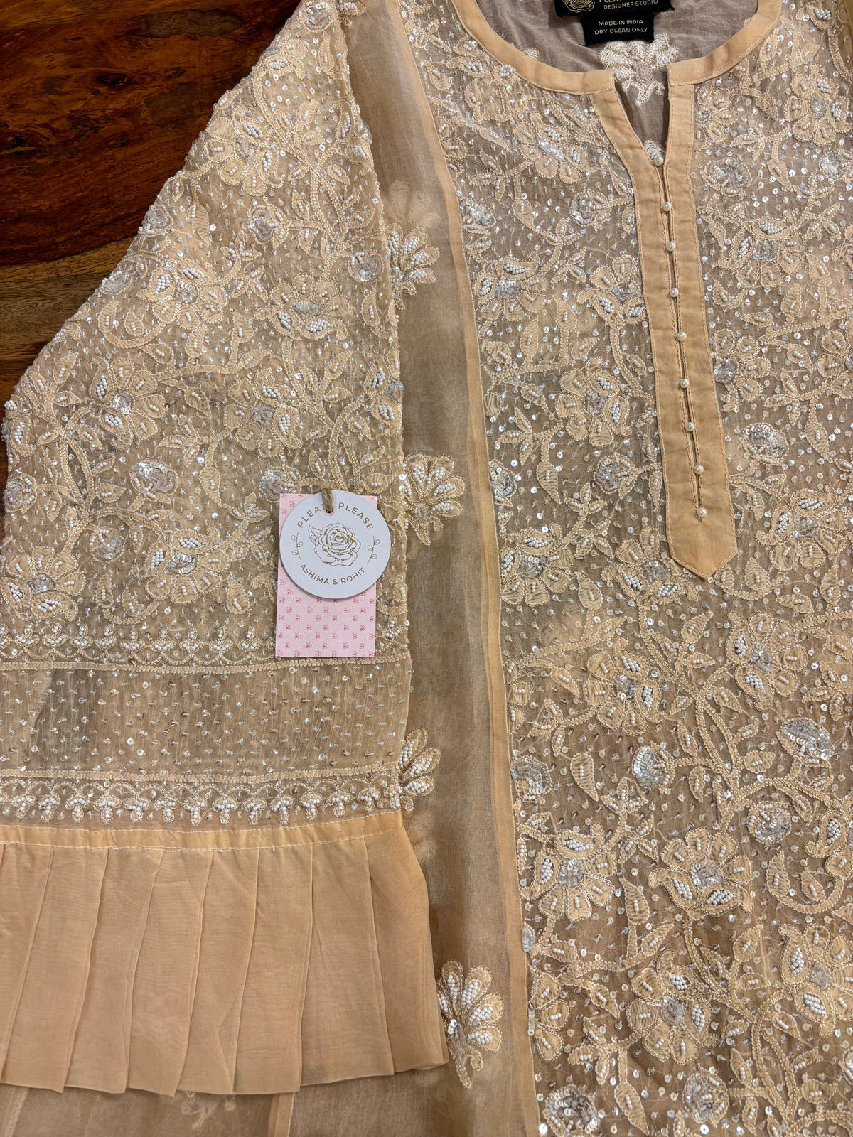 Peach Ombré Pure Organza Chikankari Anarkali,Dupatta With Bottom