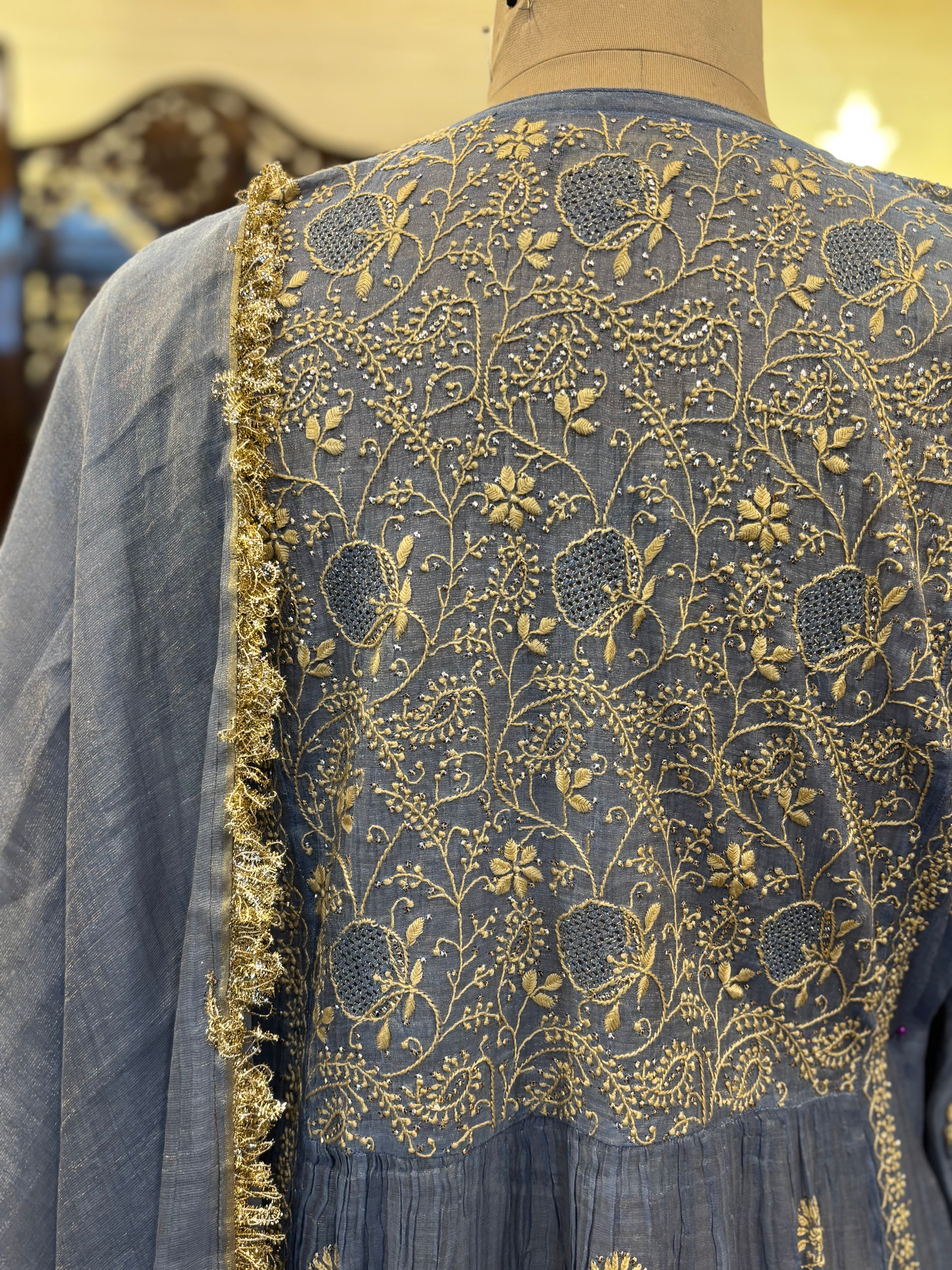 Blue Pure and Premium Tissue Chikankari & Mukaish Angrakha Kurta and Dupatta Set - Pleats PleaseChikankari
