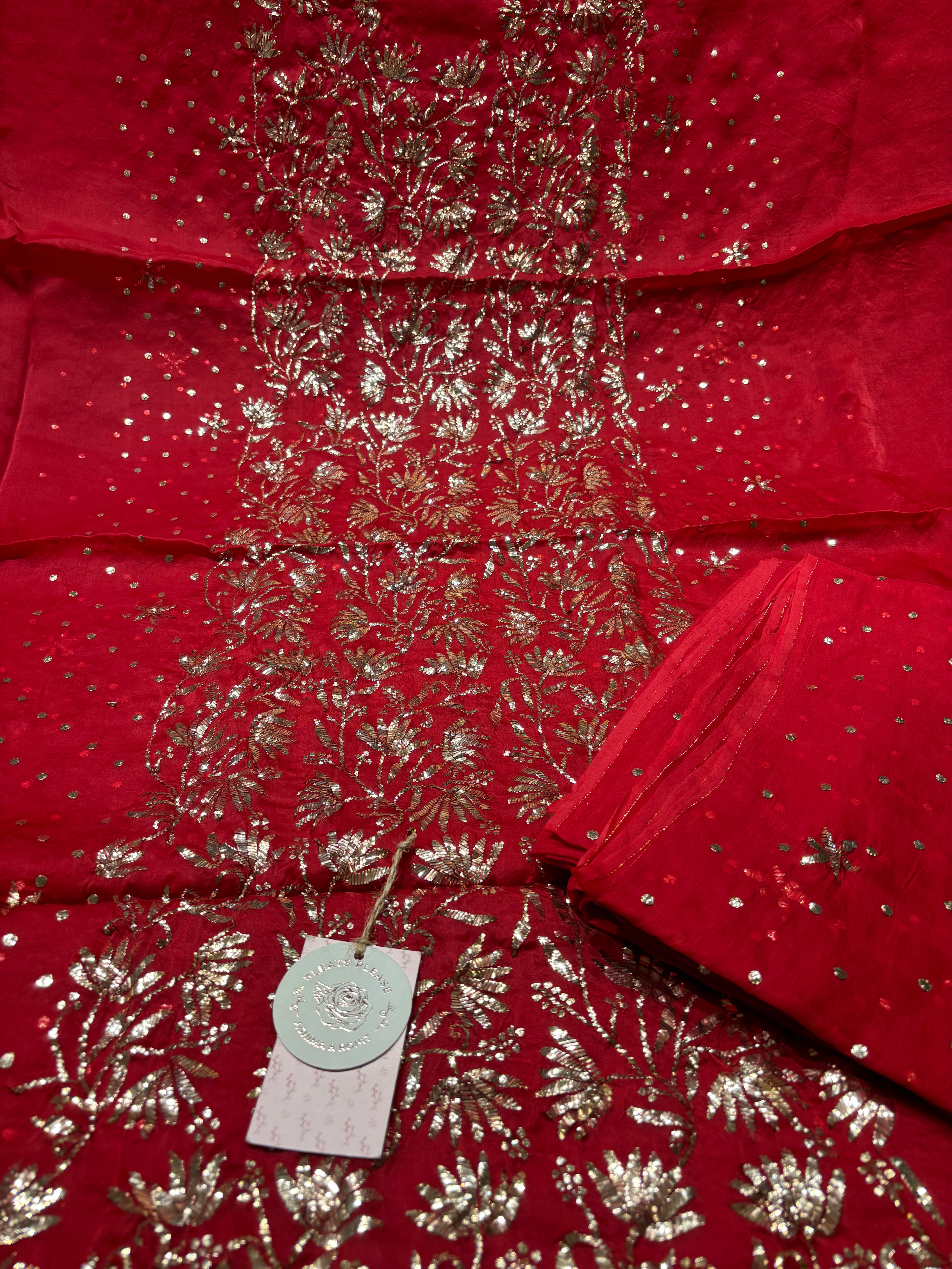 Red Pure and Premium Organza Silk Mukaish Kurta and Dupatta Fabric