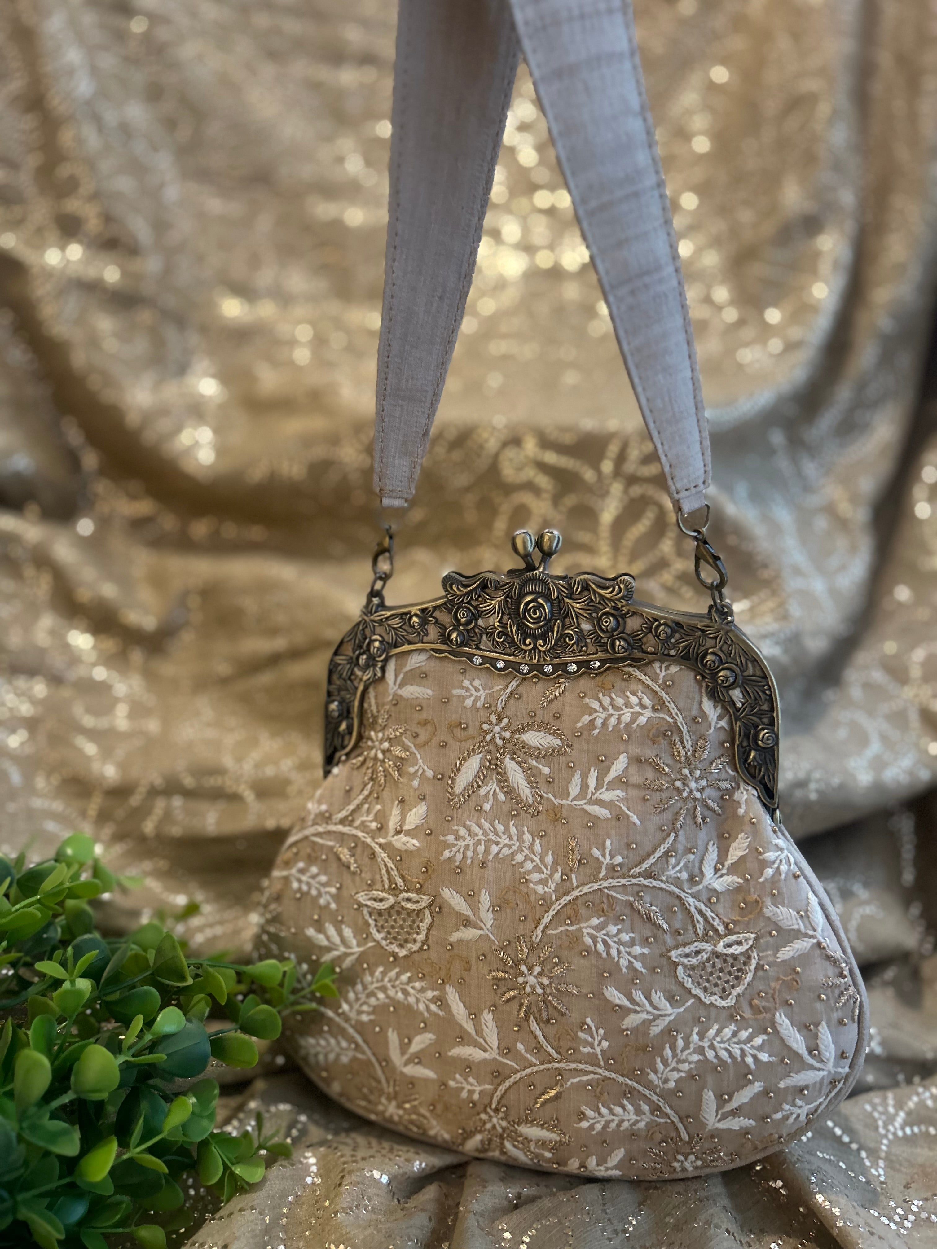 Beige Chikankari Clutch Bag