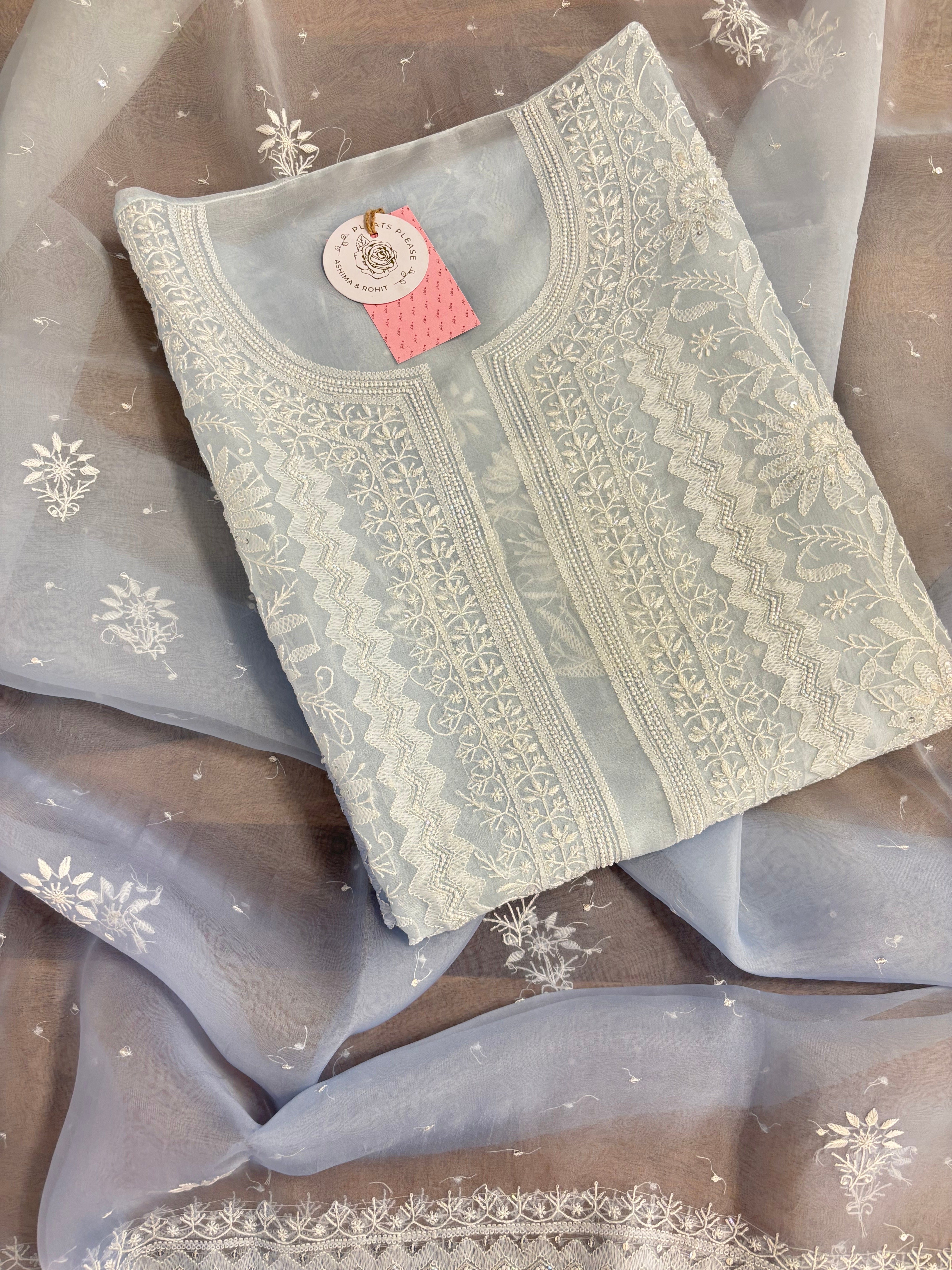 Powder Blue Ombré Pure Organza Chikankari Kurta & Dupatta
