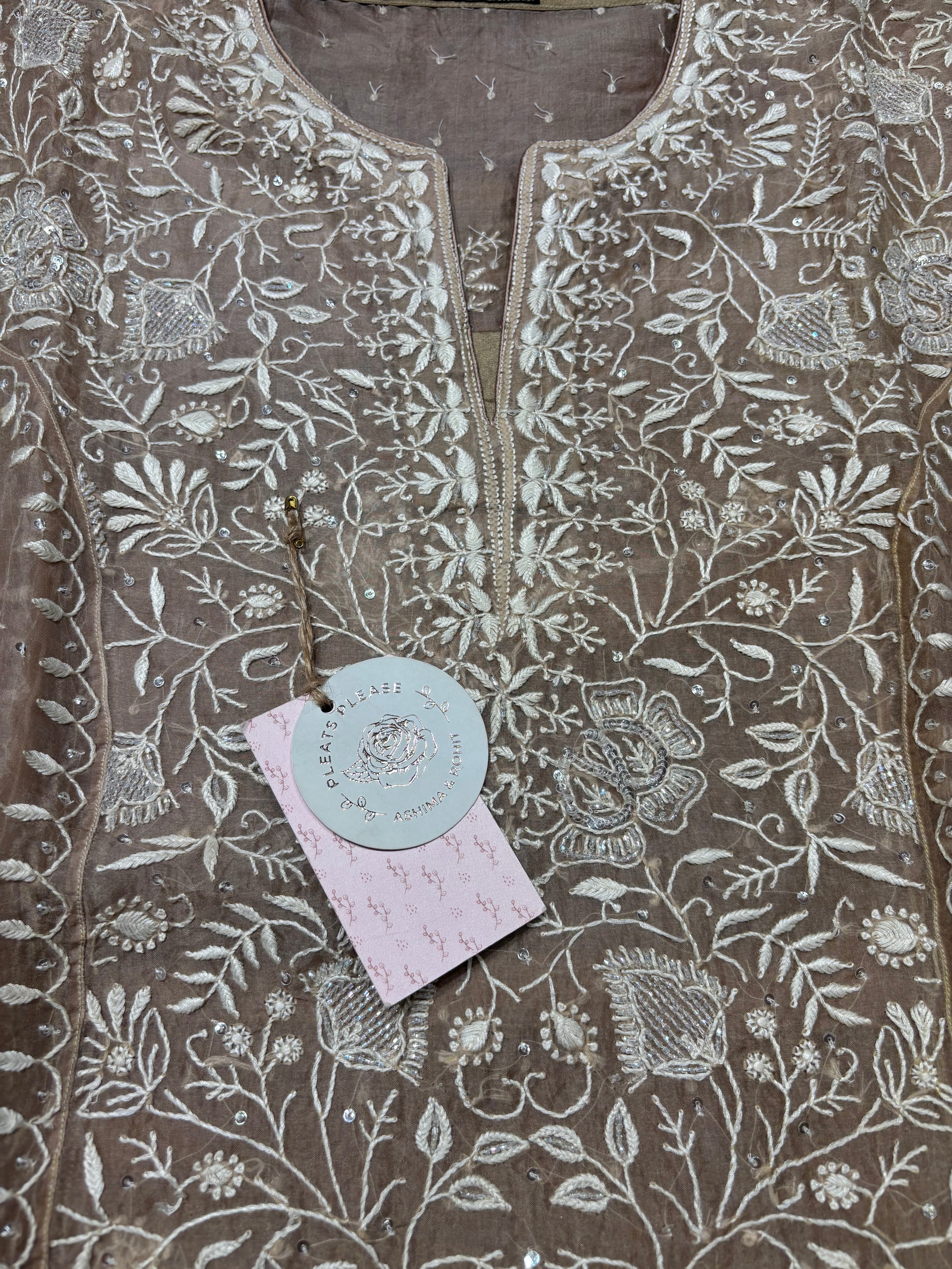 Brown Pure And Premium Organza Silk Chikankari Kurta And Dupatta Set