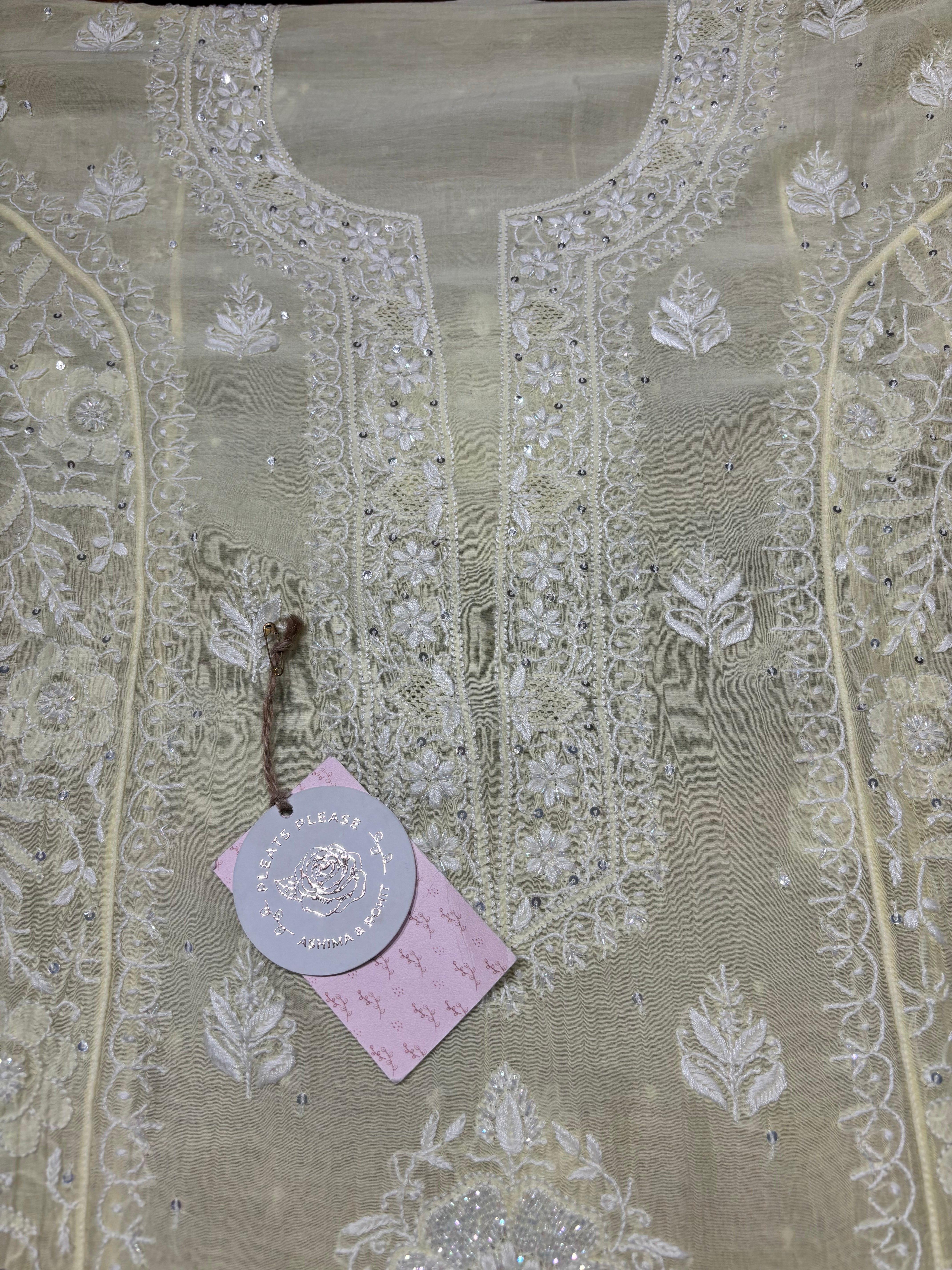 Lime Yellow Chanderi Mul Chikankari Kurta and Dupatta set