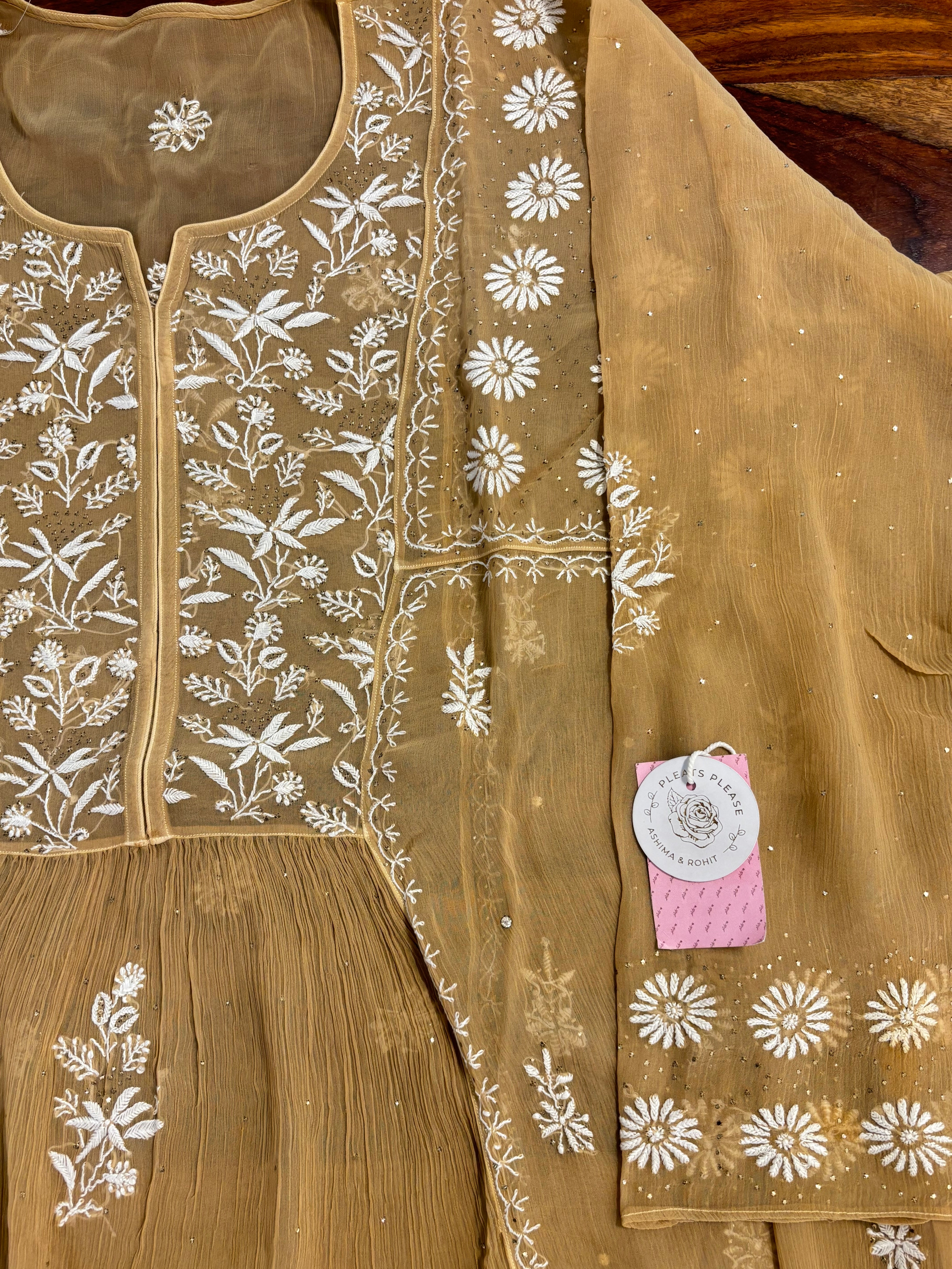 Beige-Gold Pure Chiffon Front Tucks Mukaish & Chikankari Kurta