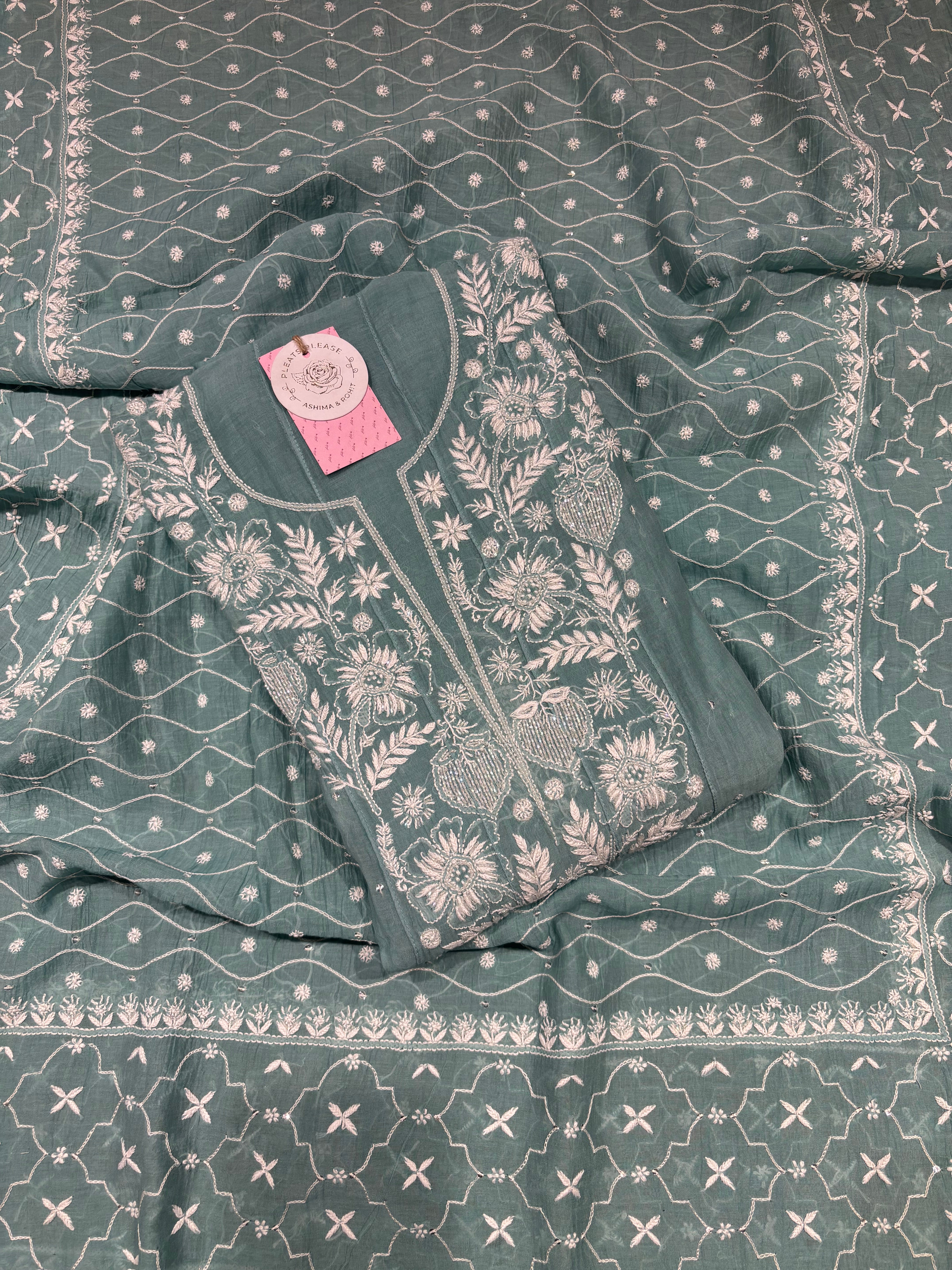 Turquoise Green Chanderi Mul Chikankari Anarkali & Dupatta Set