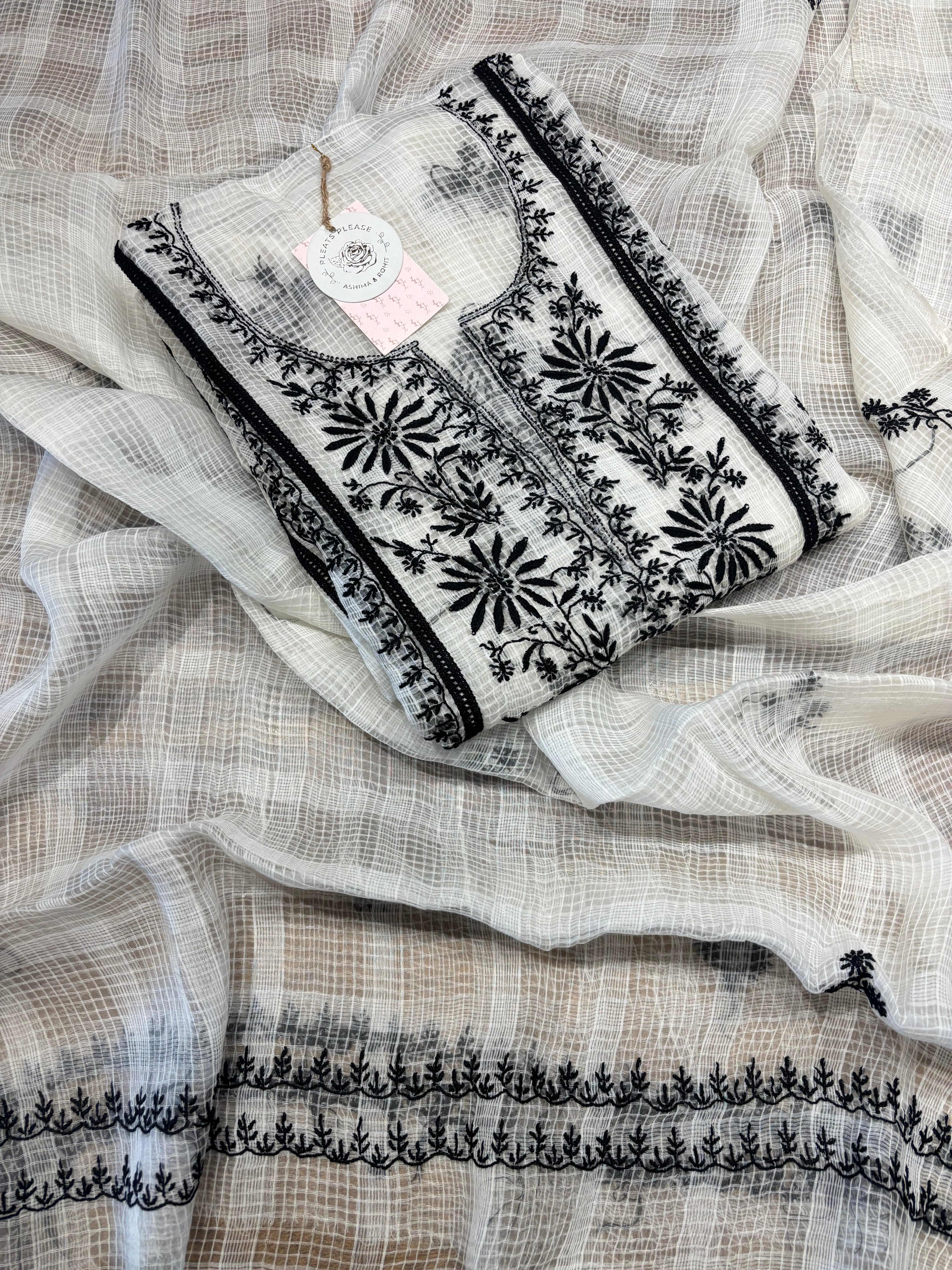 White And Black Kota Doria Chikankari Kurta And Dupatta Set