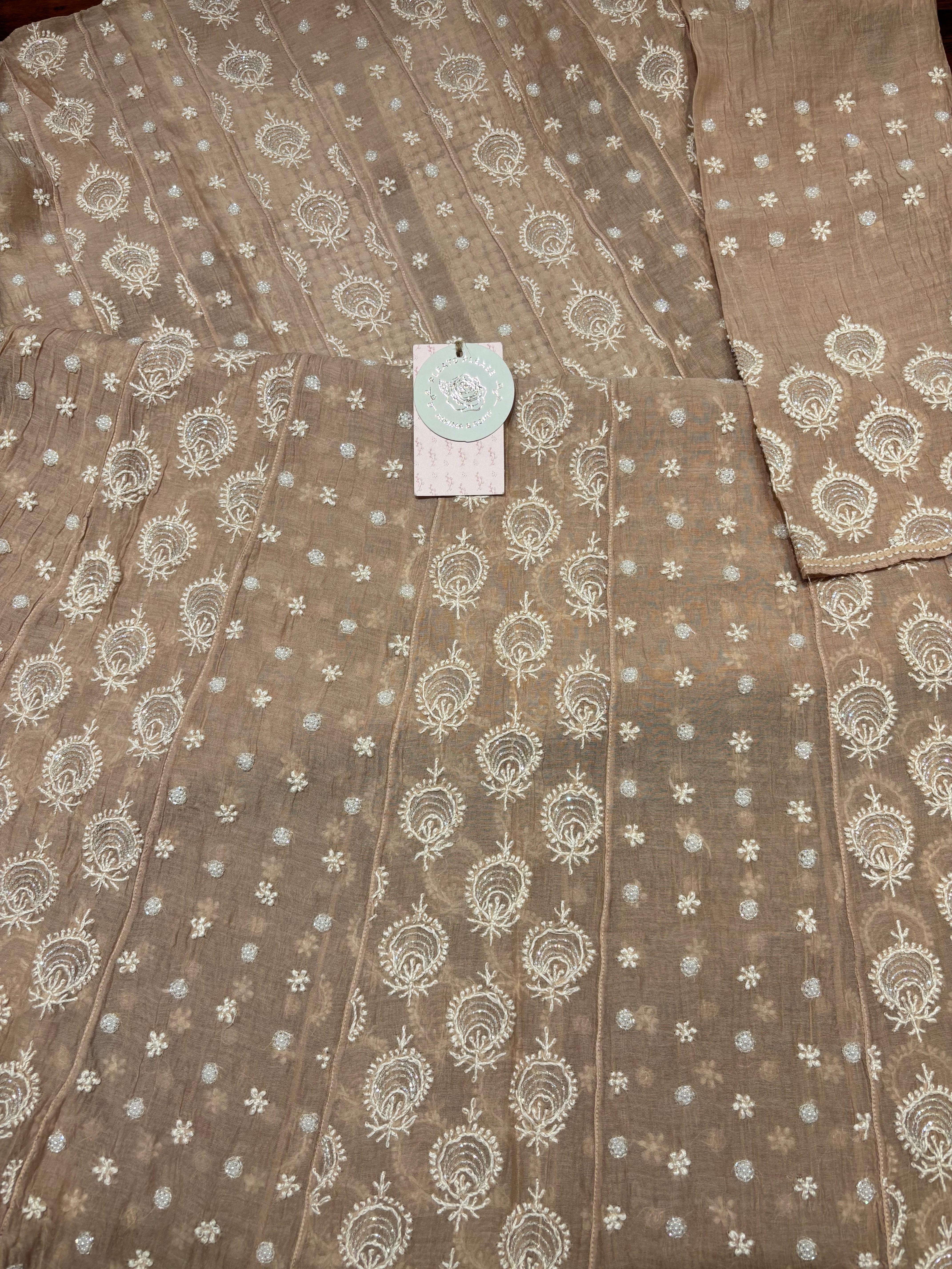 Nude Peach Chanderi Mul Chikankari Anarkali and Dupatta Set