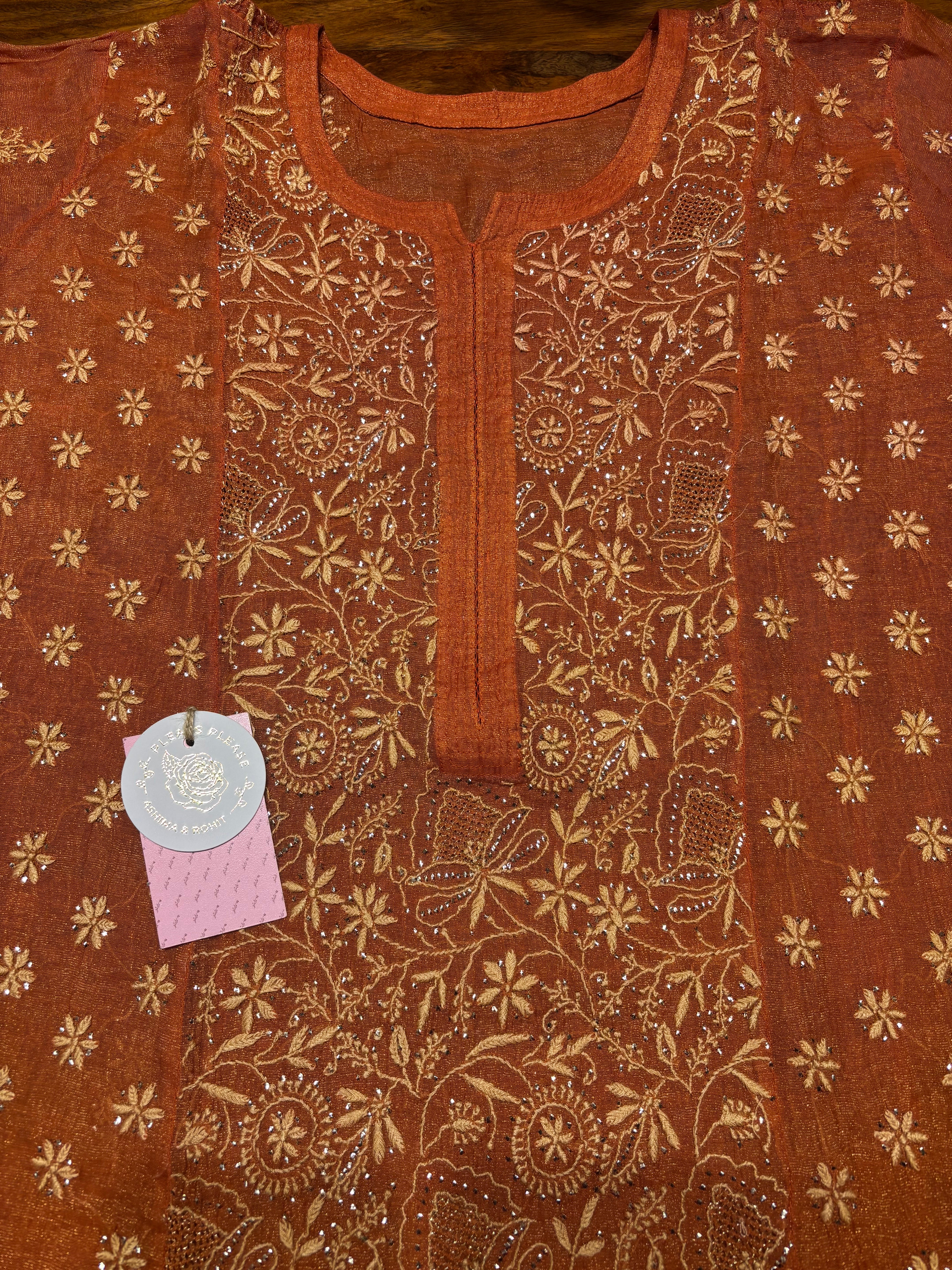 Burnt Orange Pure & Premium Tissue Chikankari & Mukaish Kurta & Dupatta Set