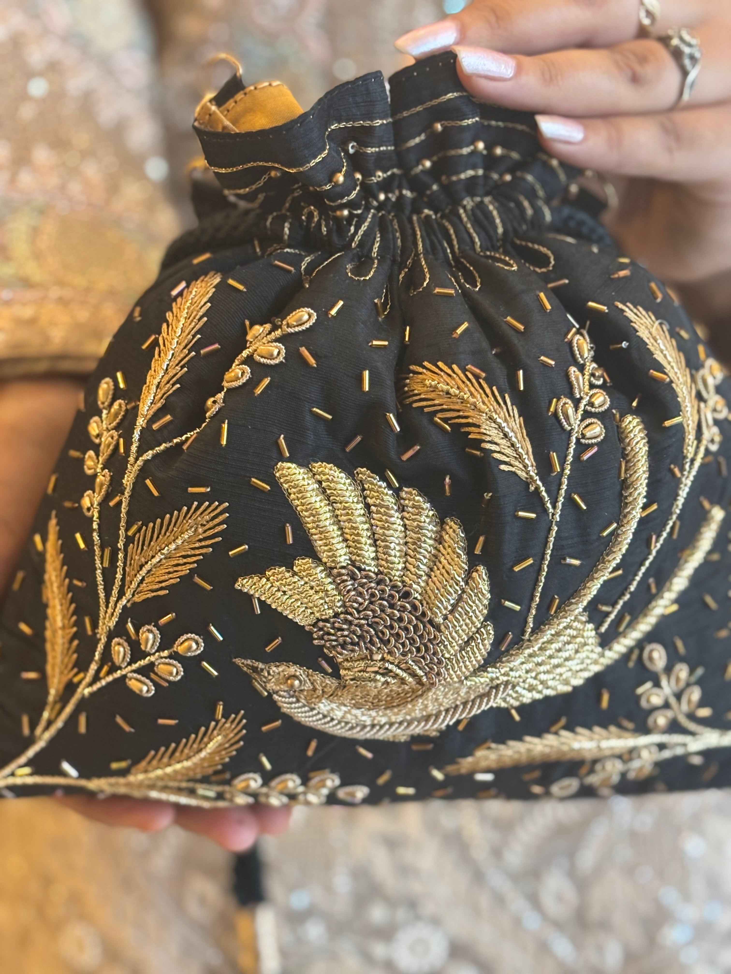 Black Silk Chikankari Potli