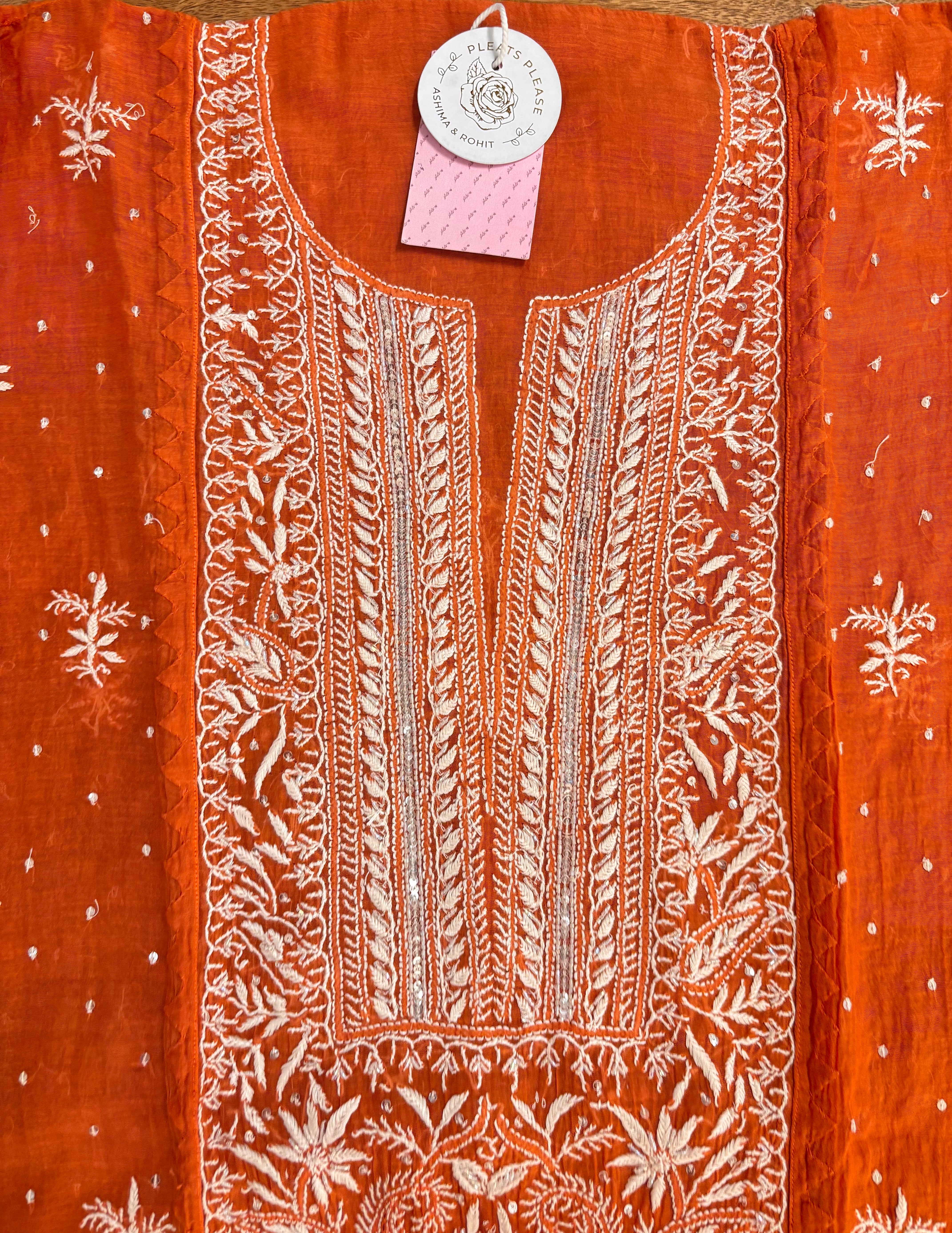 Burnt Orange Chanderi Mul Chikankari Kurta & Dupatta