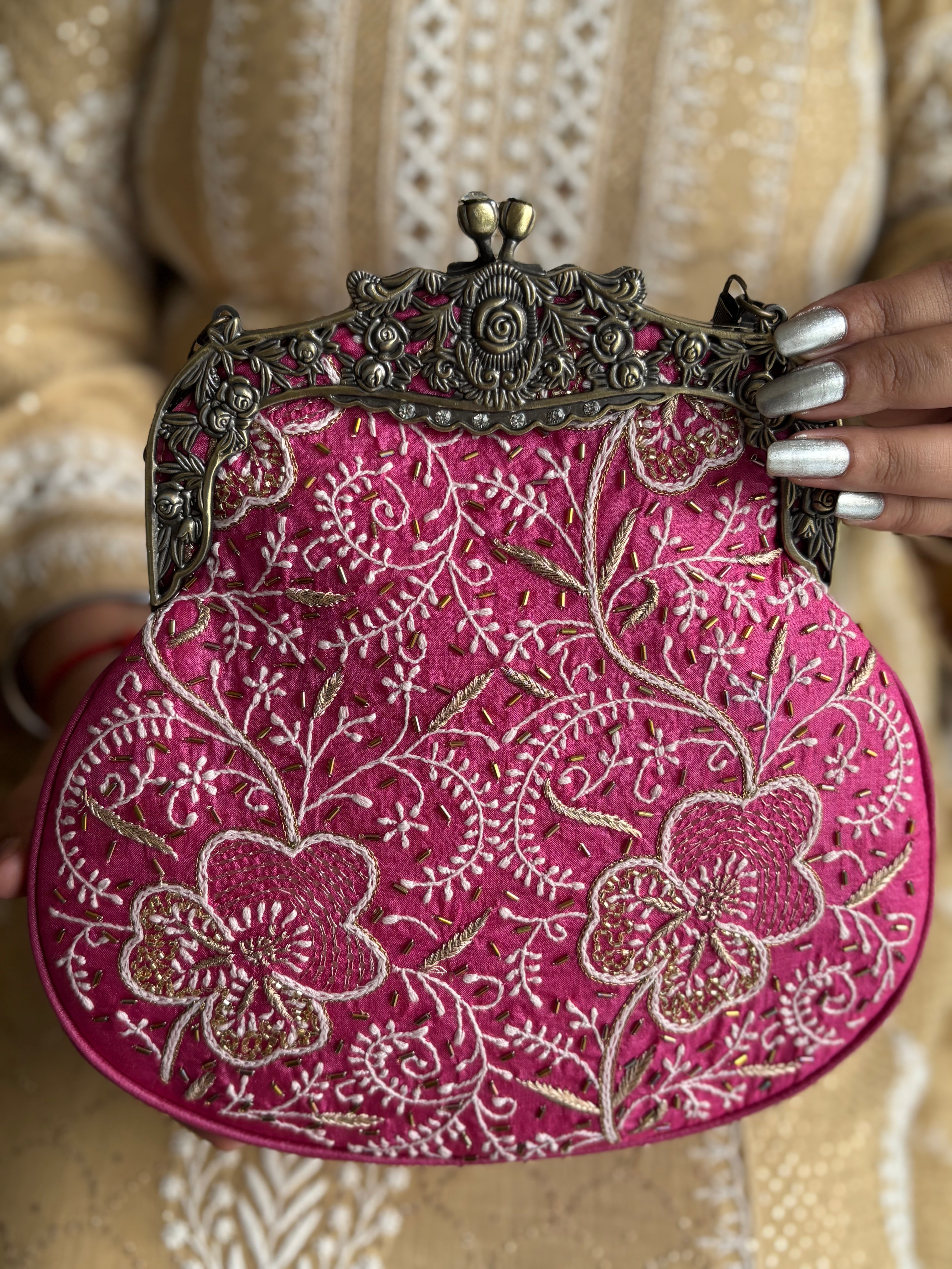 Fuchsia Pink Silk Chikankari Clutch