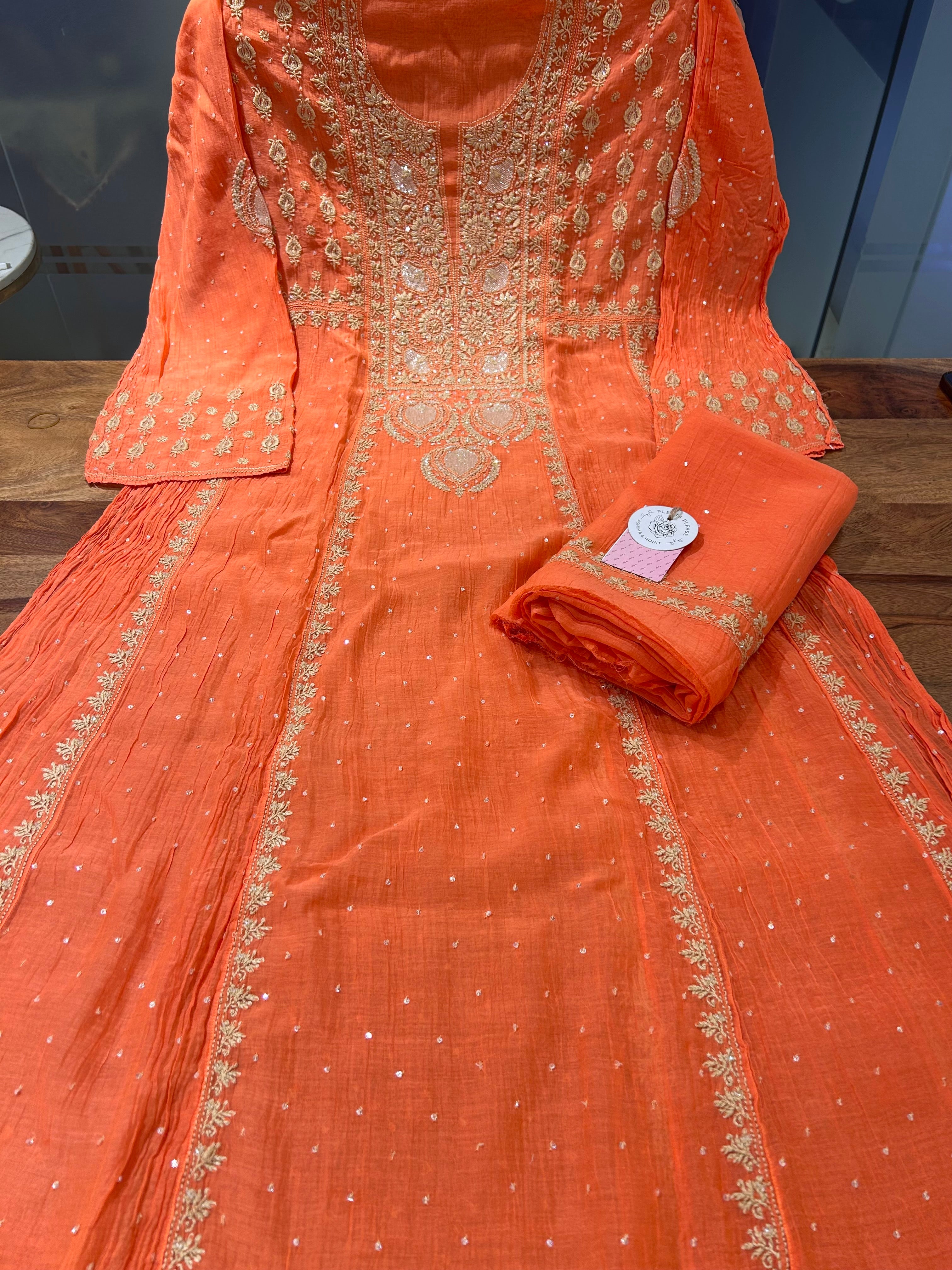 Coral peach Chanderi Chikankari A-line Kurta & Dupatta