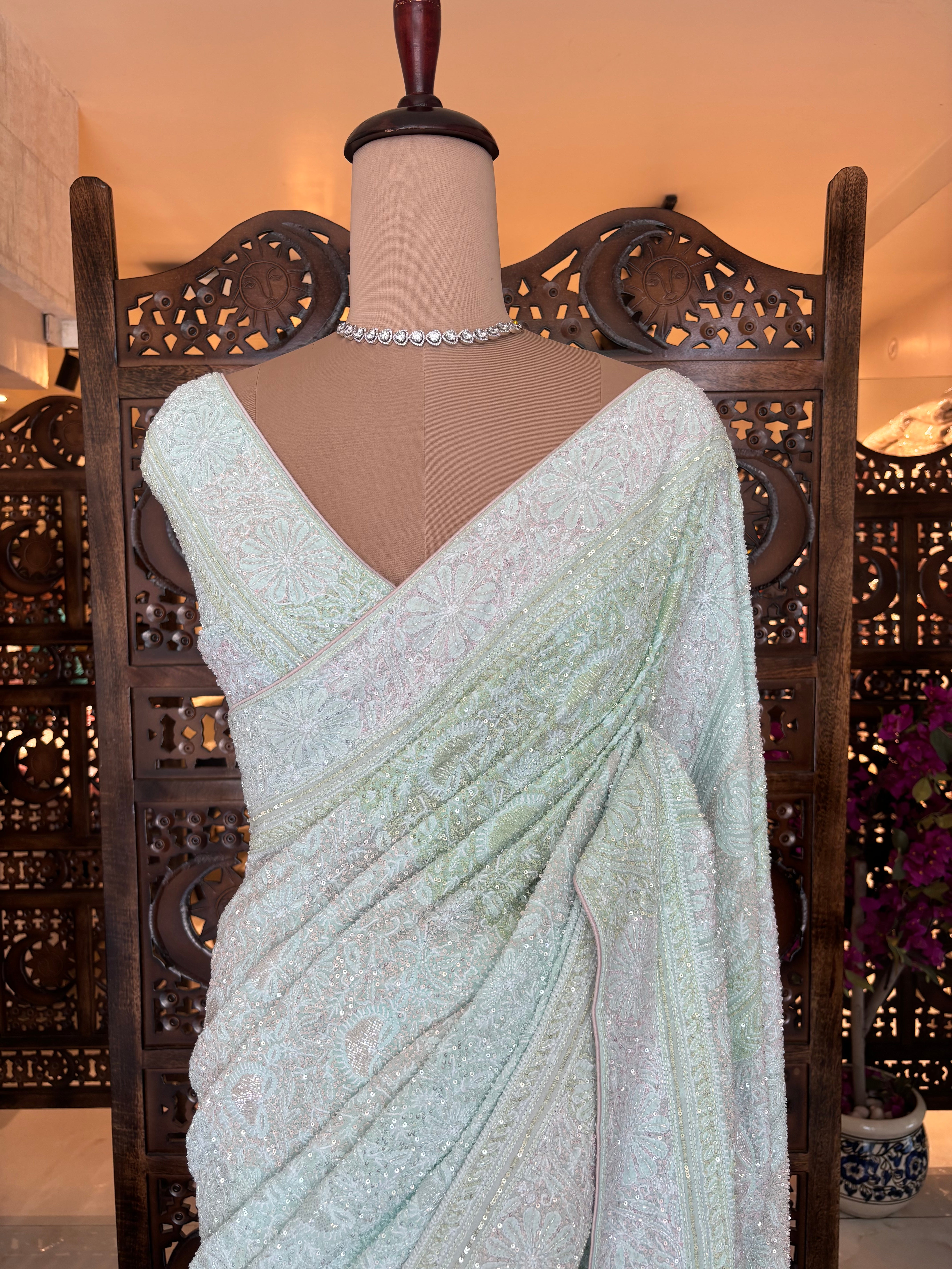 Aqua Blue Pure & Premium Georgette Chikankari Saree - Pleats PleaseChikankari