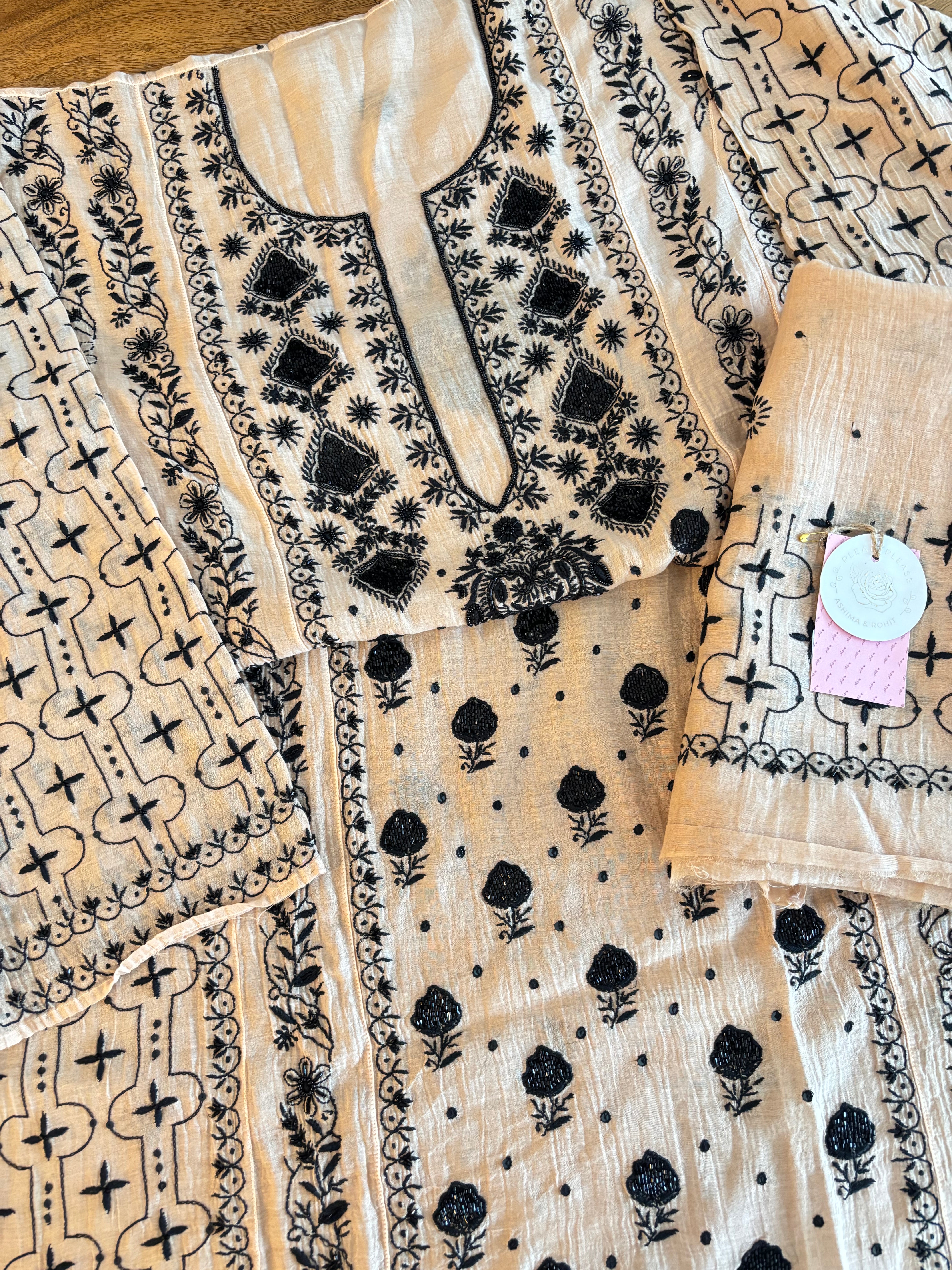 Cream peach Chanderi Mul Chikankari A-line Kurta & Dupatta